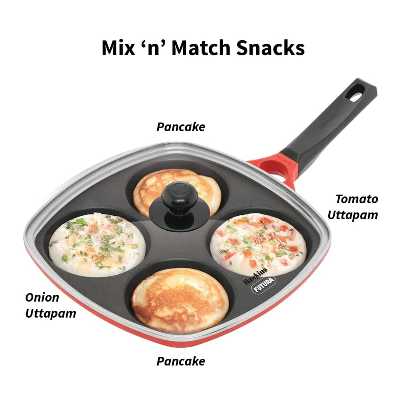 Hawkins 30 cm Die-Cast Multi Snack Pan with Glass Lid, Nonstick Mini Uttapam Tawa, Pancake Pan, Red (DCMS30G)