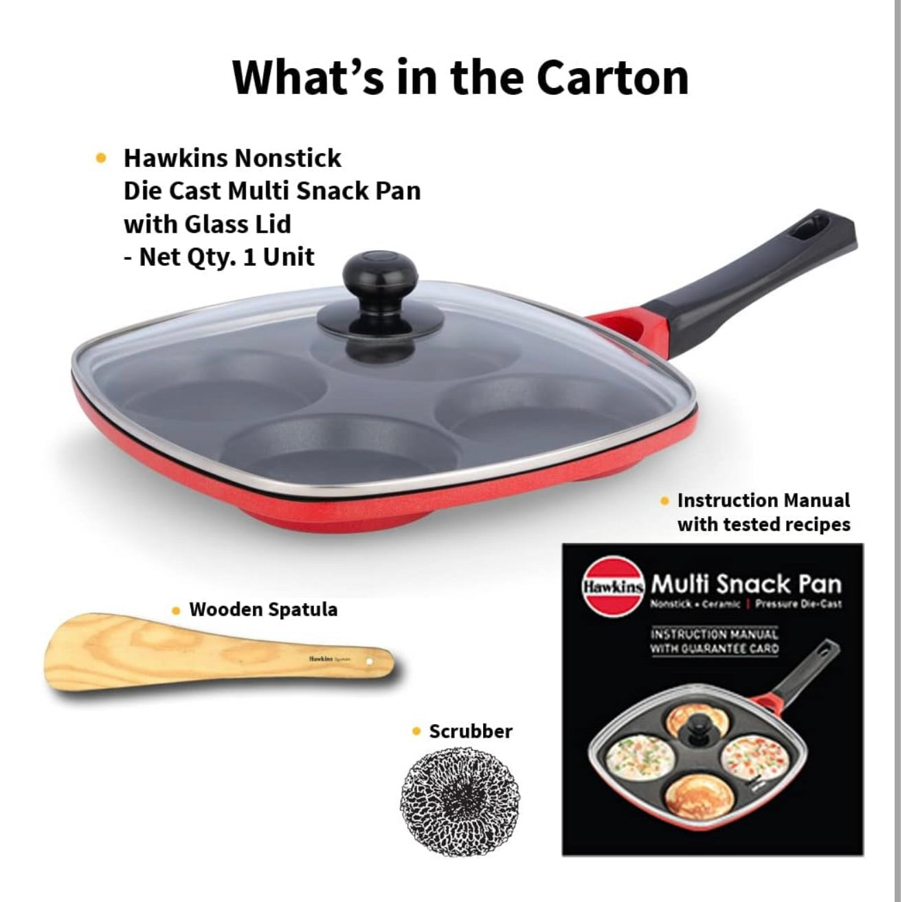 Hawkins 30 cm Die-Cast Multi Snack Pan with Glass Lid, Nonstick Mini Uttapam Tawa, Pancake Pan, Red (DCMS30G)