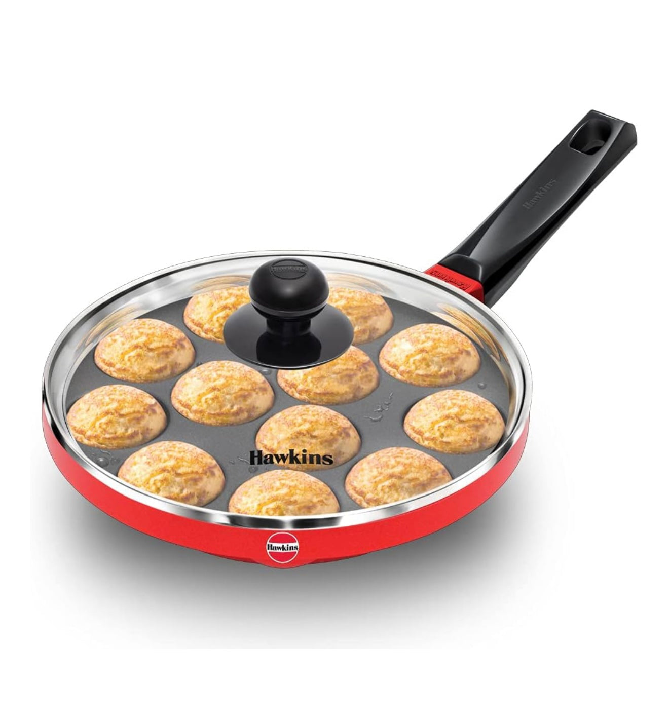 Hawkins Nonstick Appe Pan with Glass Lid, 12 Cups, Diameter20 cm, Black , Cast Aluminium, Red (NAPE20G)