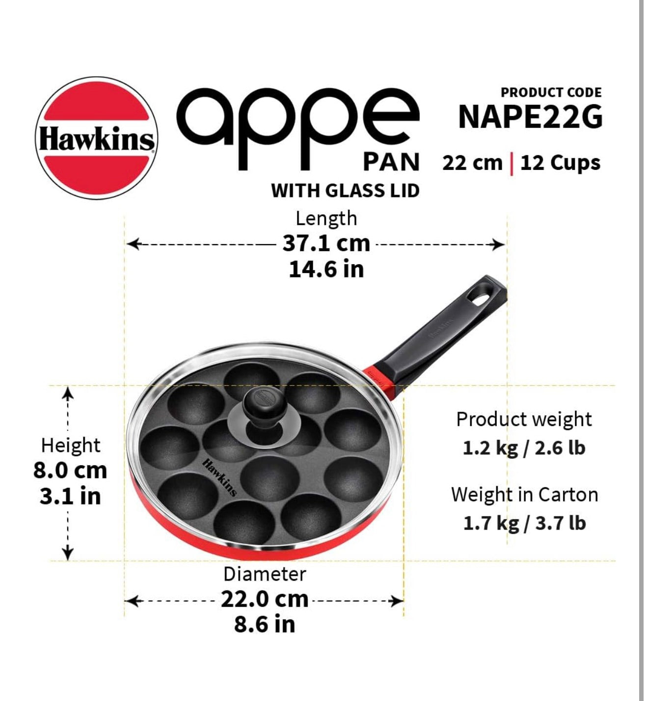 Hawkins Nonstick Appe Pan with Glass Lid, 12 Cups, Diameter20 cm, Black , Cast Aluminium, Red (NAPE20G)
