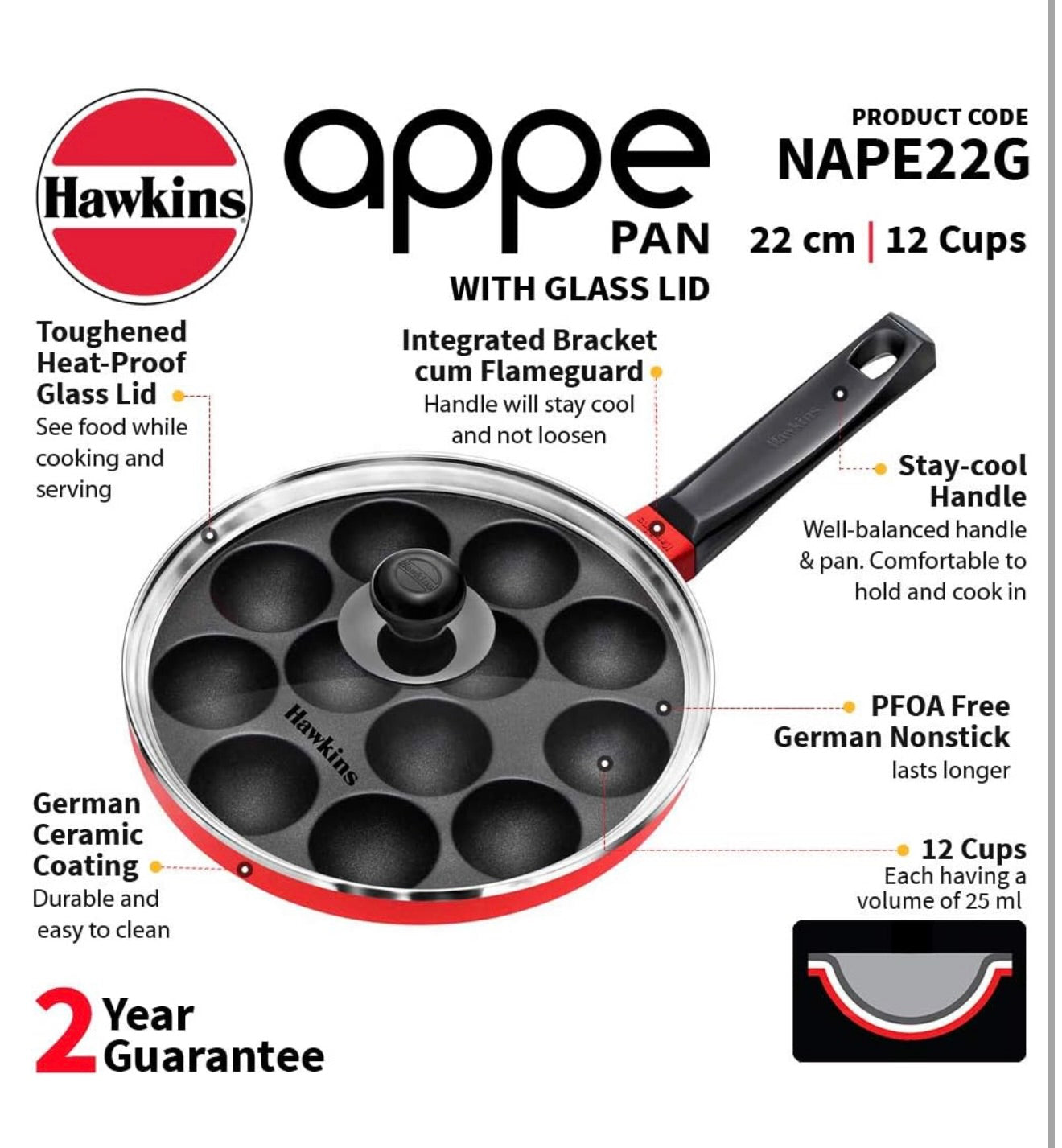 Hawkins Nonstick Appe Pan with Glass Lid, 12 Cups, Diameter20 cm, Black , Cast Aluminium, Red (NAPE20G)