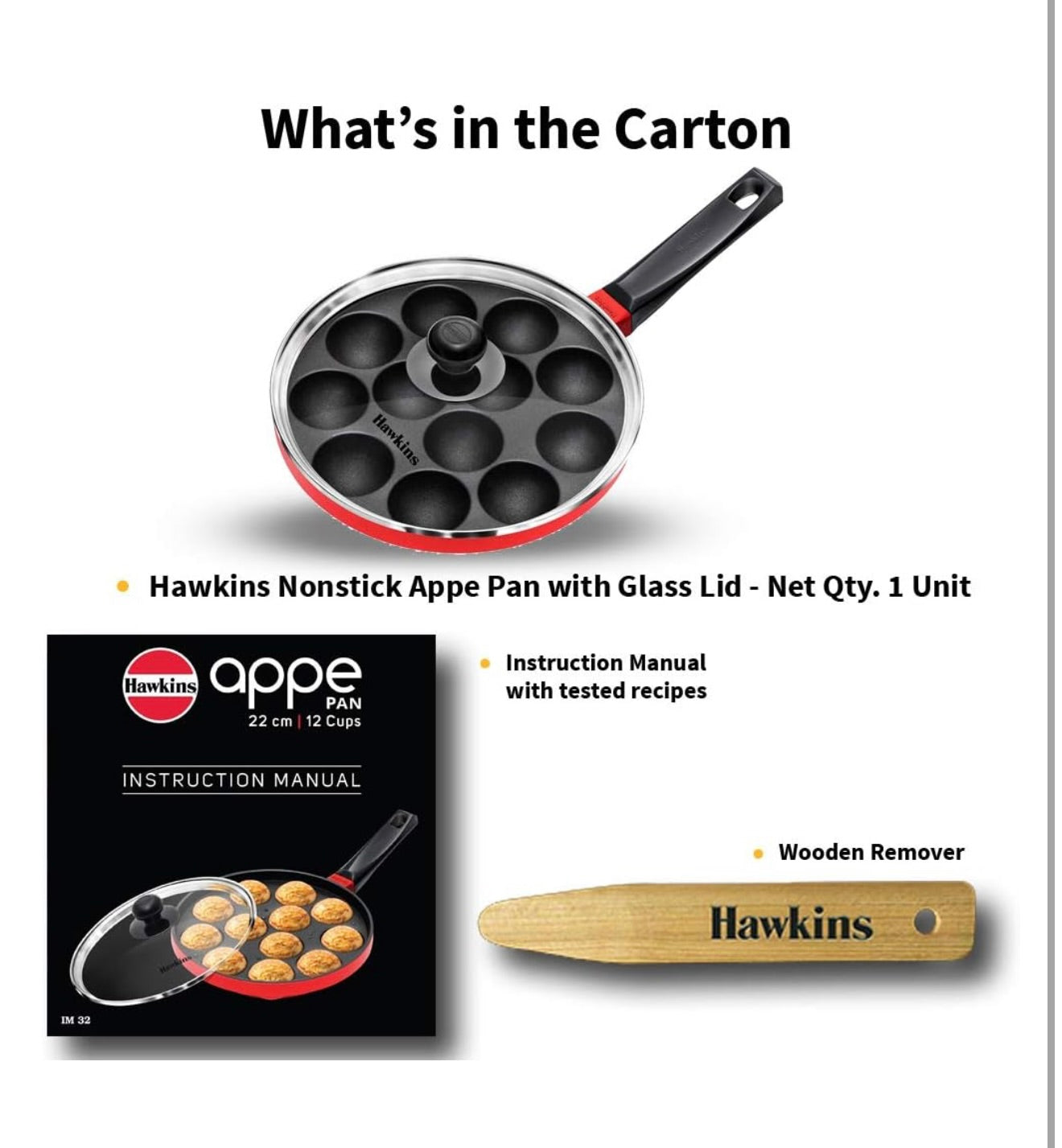 Hawkins Nonstick Appe Pan with Glass Lid, 12 Cups, Diameter20 cm, Black , Cast Aluminium, Red (NAPE20G)