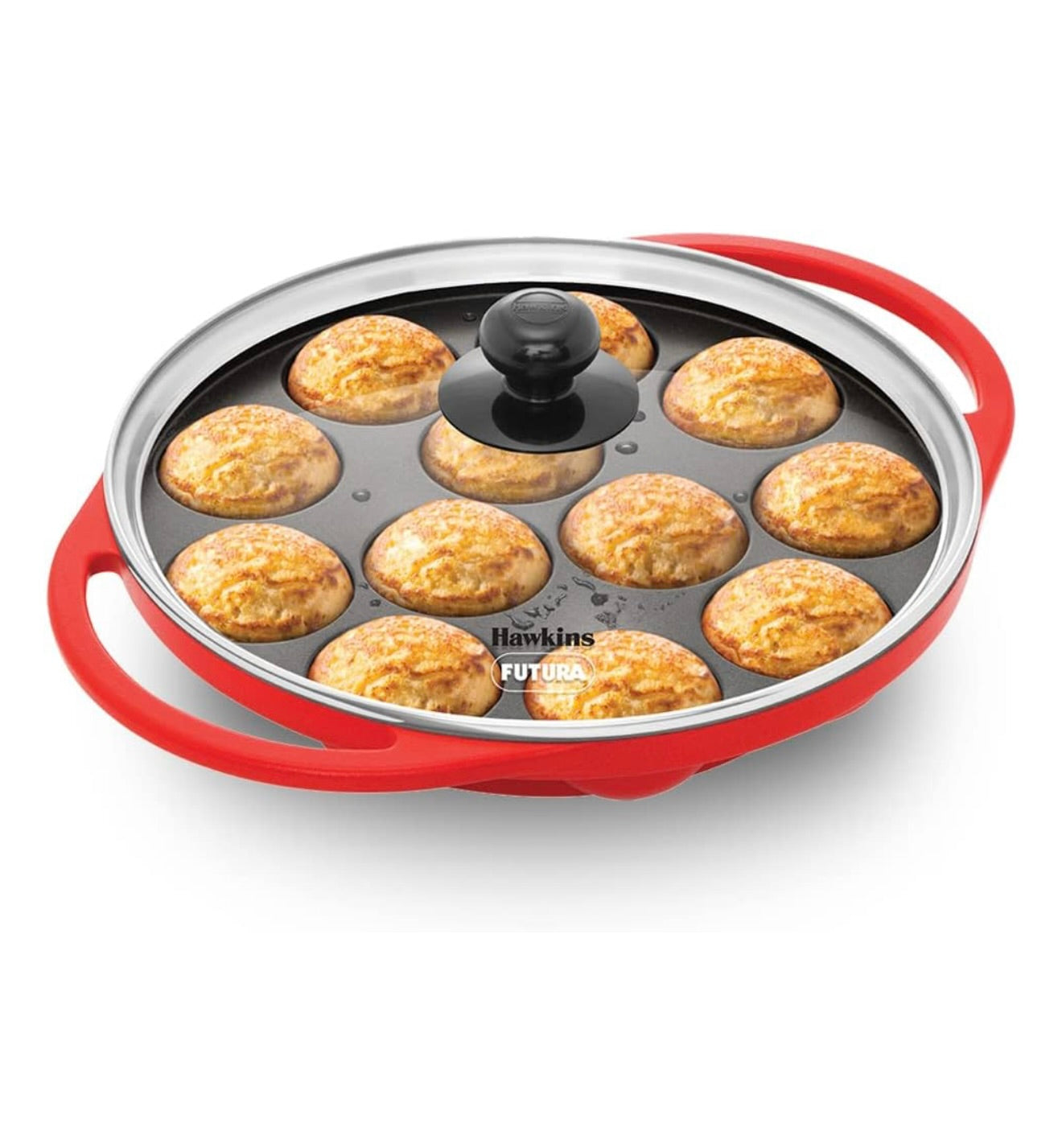 Hawkins 24 cm Appe Pan, Non Stick Paniyaram/Paniyarakkal/Kuzhi/Paniyaram/Ponganalu/Litti Pan with Glass Lid, 12 Cups, Red (NAPE24G)