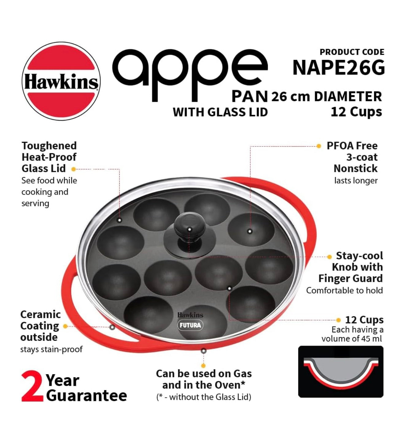Hawkins 24 cm Appe Pan, Non Stick Paniyaram/Paniyarakkal/Kuzhi/Paniyaram/Ponganalu/Litti Pan with Glass Lid, 12 Cups, Red (NAPE24G)
