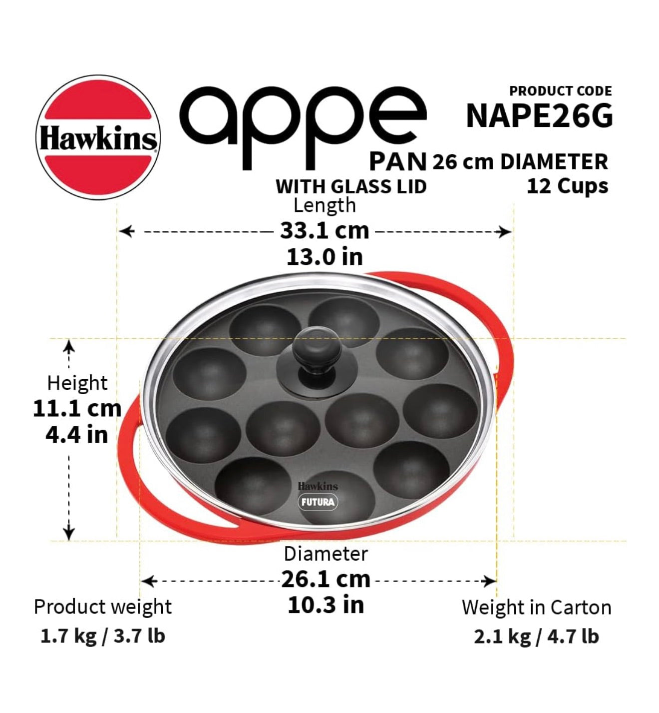 Hawkins 24 cm Appe Pan, Non Stick Paniyaram/Paniyarakkal/Kuzhi/Paniyaram/Ponganalu/Litti Pan with Glass Lid, 12 Cups, Red (NAPE24G)