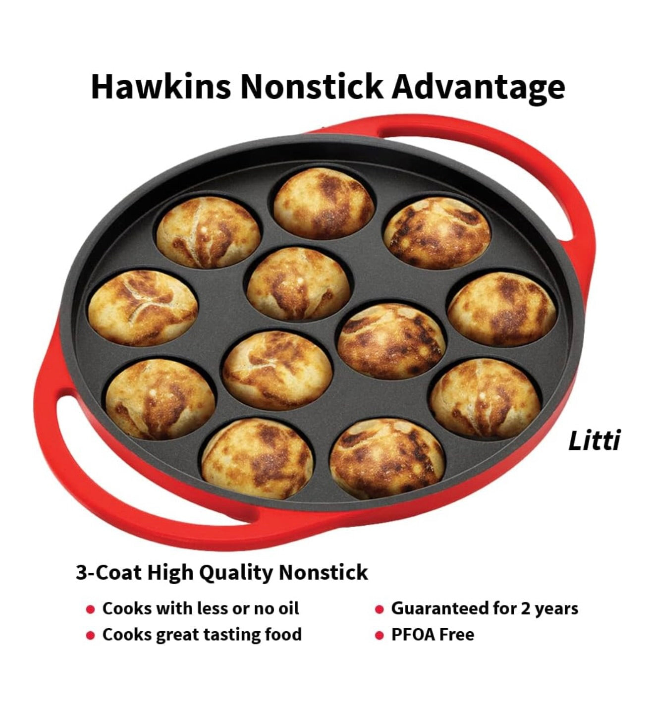 Hawkins 24 cm Appe Pan, Non Stick Paniyaram/Paniyarakkal/Kuzhi/Paniyaram/Ponganalu/Litti Pan with Glass Lid, 12 Cups, Red (NAPE24G)