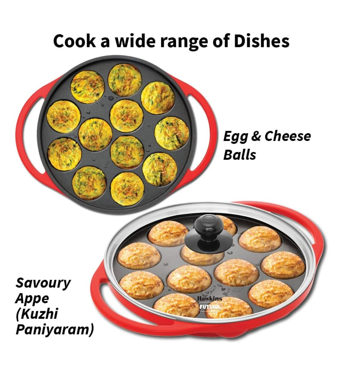 Hawkins 24 cm Appe Pan, Non Stick Paniyaram/Paniyarakkal/Kuzhi/Paniyaram/Ponganalu/Litti Pan with Glass Lid, 12 Cups, Red (NAPE24G)