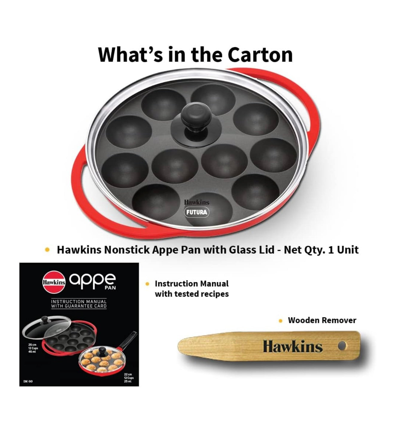 Hawkins 24 cm Appe Pan, Non Stick Paniyaram/Paniyarakkal/Kuzhi/Paniyaram/Ponganalu/Litti Pan with Glass Lid, 12 Cups, Red (NAPE24G)