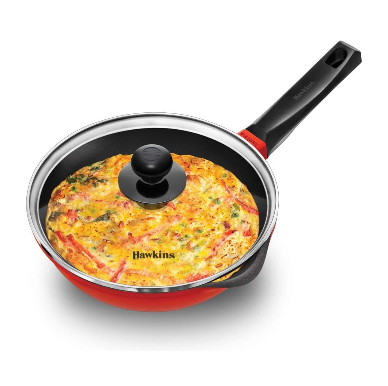 Hawkins 22 cm Die Cast Non Stick Induction Fry Pan with Glass Lid, Ceramic Coated Pan, Red (IDCF22G)