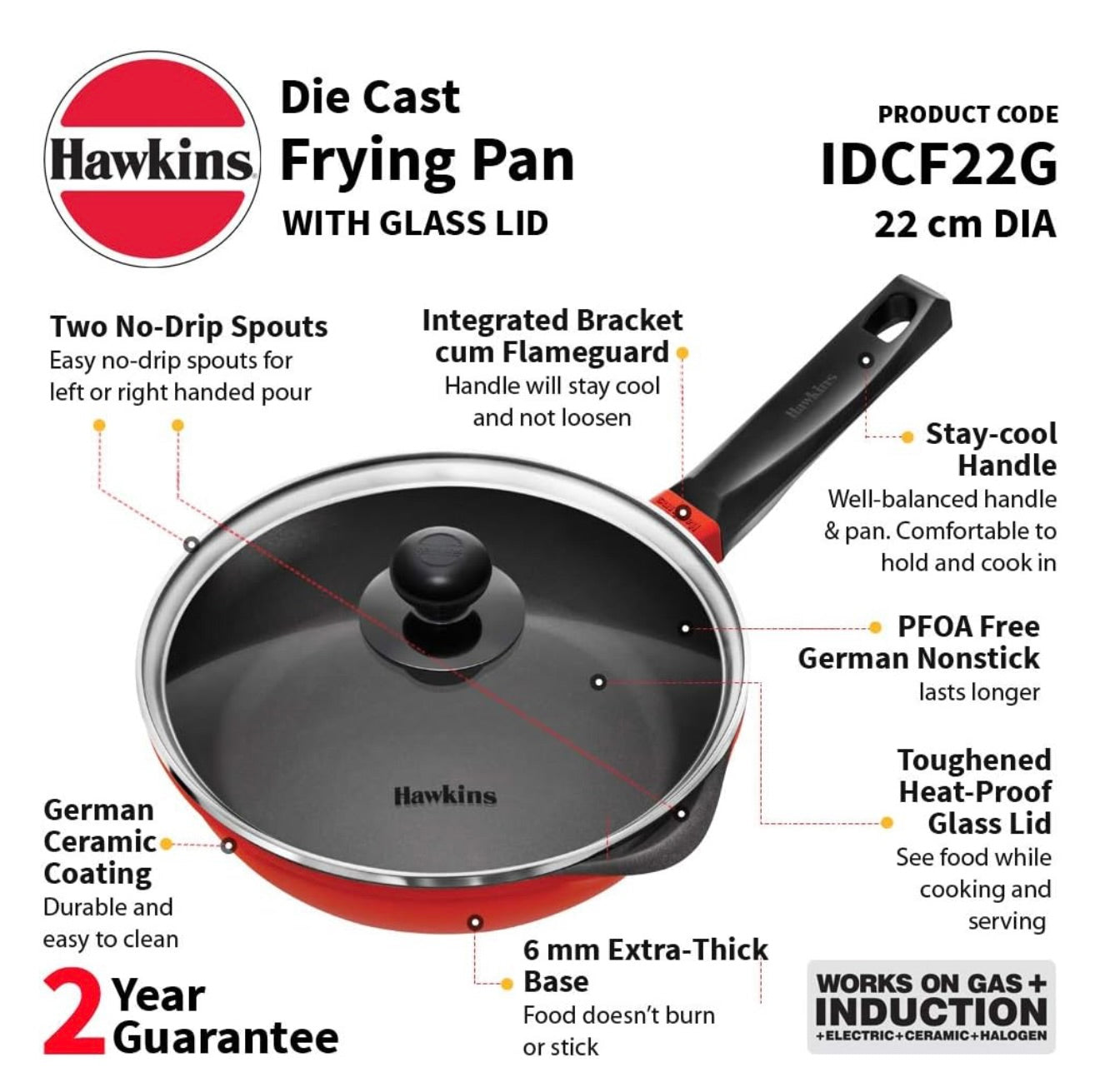 Hawkins 22 cm Die Cast Non Stick Induction Fry Pan with Glass Lid, Ceramic Coated Pan, Red (IDCF22G)