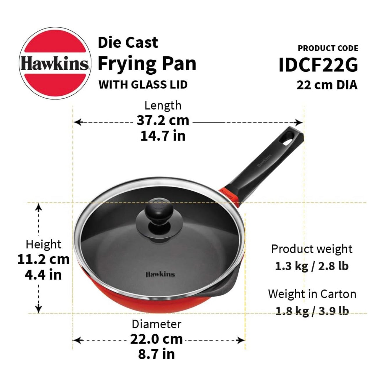 Hawkins 22 cm Die Cast Non Stick Induction Fry Pan with Glass Lid, Ceramic Coated Pan, Red (IDCF22G)