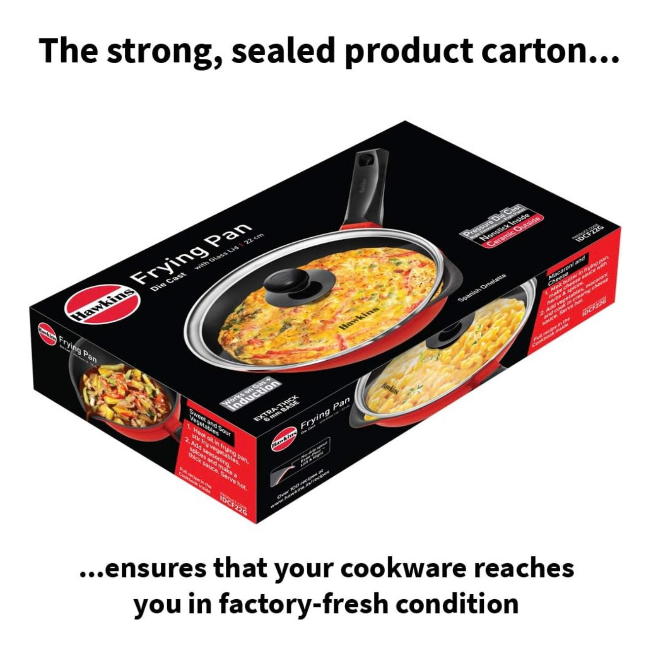 Hawkins 22 cm Die Cast Non Stick Induction Fry Pan with Glass Lid, Ceramic Coated Pan, Red (IDCF22G)