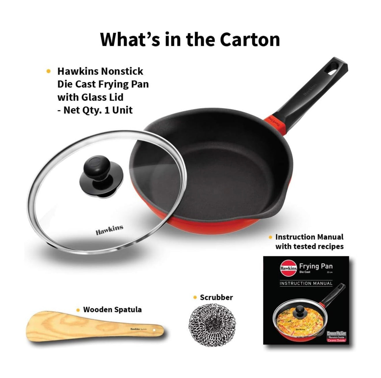 Hawkins 22 cm Die Cast Non Stick Induction Fry Pan with Glass Lid, Ceramic Coated Pan, Red (IDCF22G)