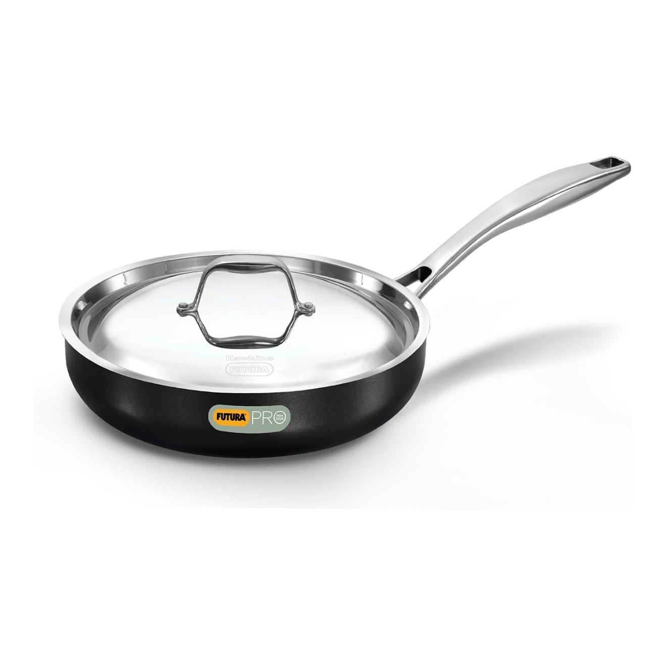 Hawkins Futura Pro 22 cm Frying Pan, Nonstick Fry Pan with Stainless Steel Handle and Stainless Steel Lid, Black (PNF22S)