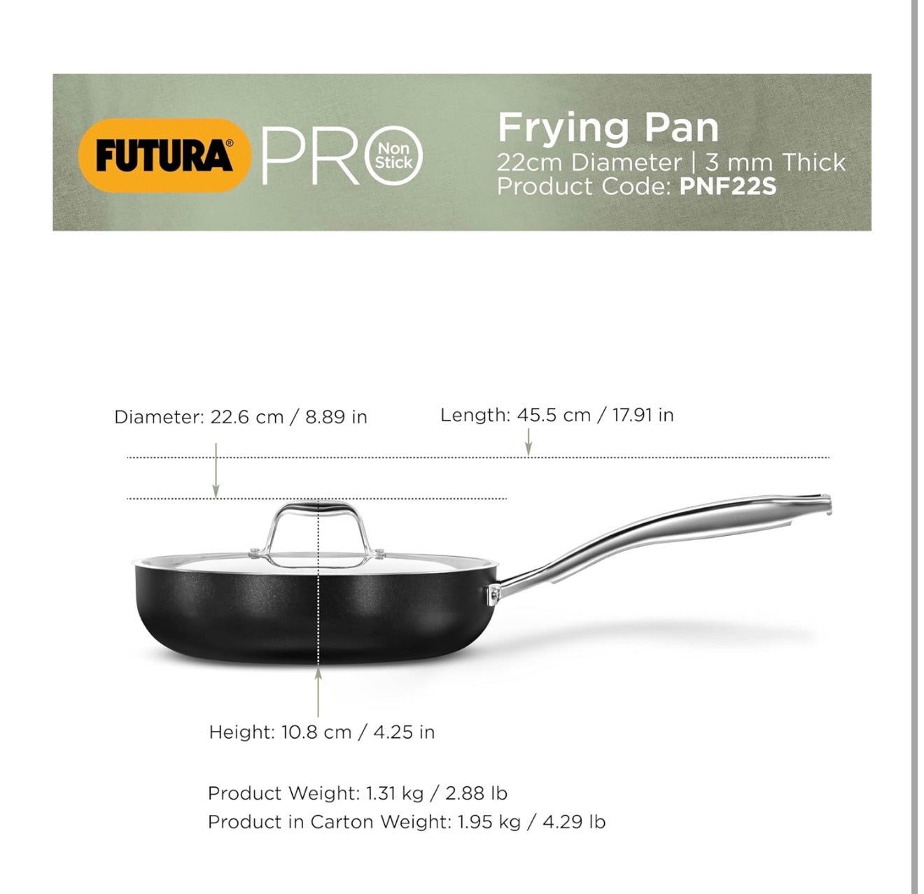 Hawkins Futura Pro 22 cm Frying Pan, Nonstick Fry Pan with Stainless Steel Handle and Stainless Steel Lid, Black (PNF22S)