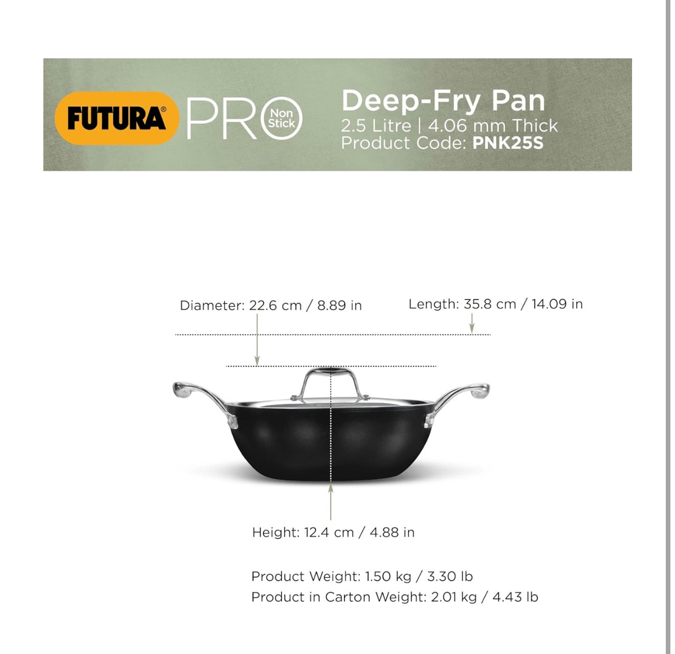 Hawkins Futura Pro 2.5 Litre Deep-Fry Pan, Nonstick Kadhai with Stainless Steel Handles and Stainless Steel Lid, Balck (PNK25S)