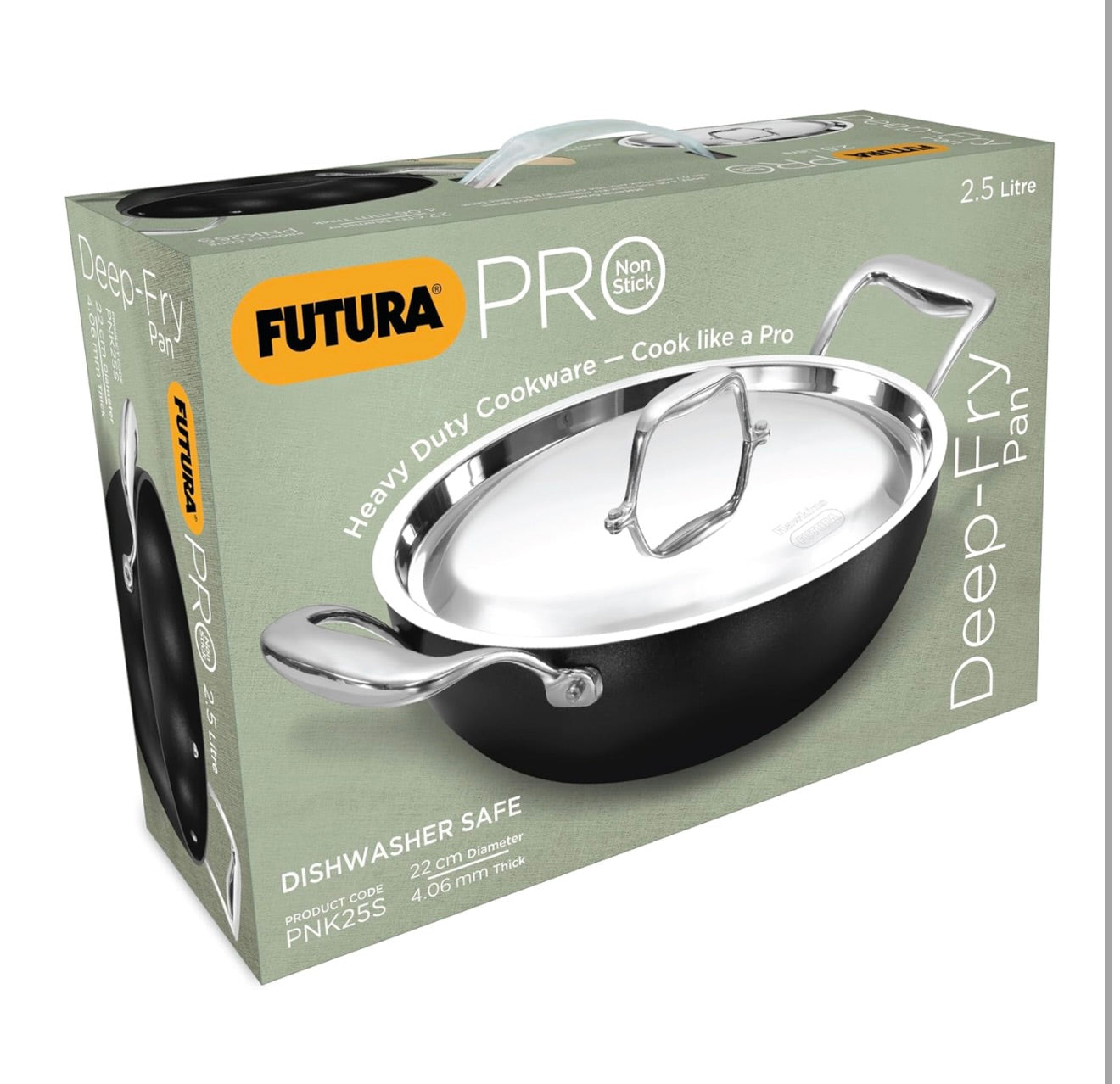 Hawkins Futura Pro 2.5 Litre Deep-Fry Pan, Nonstick Kadhai with Stainless Steel Handles and Stainless Steel Lid, Balck (PNK25S)