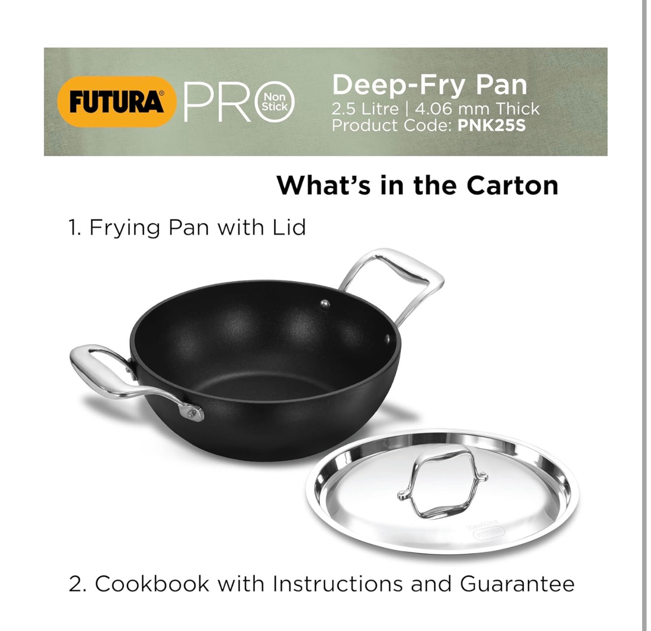 Hawkins Futura Pro 2.5 Litre Deep-Fry Pan, Nonstick Kadhai with Stainless Steel Handles and Stainless Steel Lid, Balck (PNK25S)