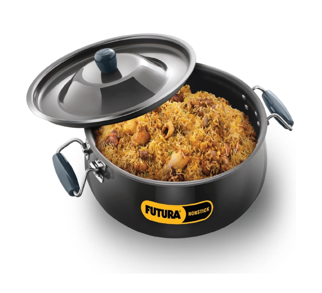 Hawkins Futura 12 Litre BigBoy Biryani Handi, Non Stick Pot with Hard Anodised Lid, Sauce Pan for Cooking and Serving Biriyani, Black (NBH12) Aluminium