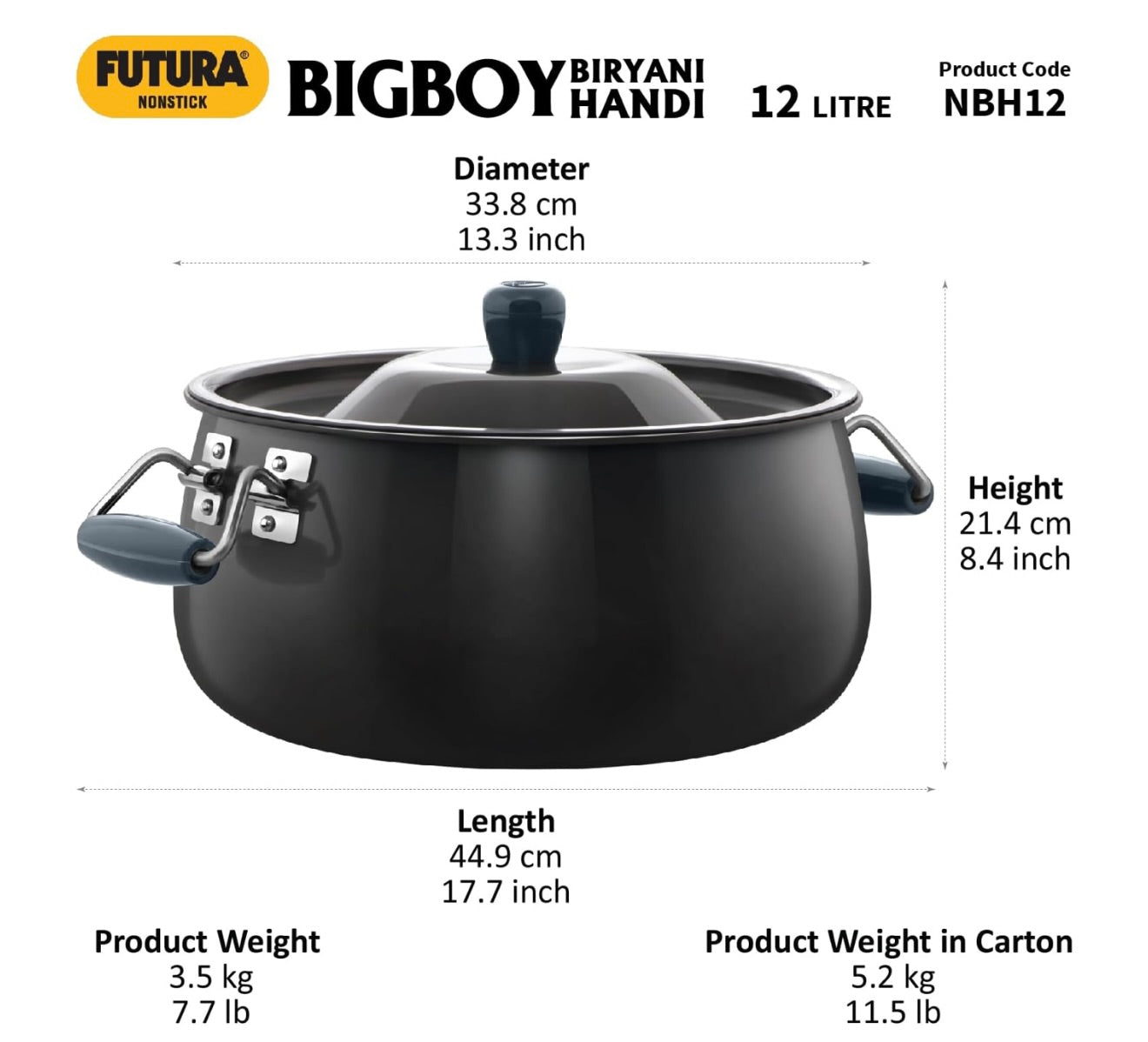Hawkins Futura 12 Litre BigBoy Biryani Handi, Non Stick Pot with Hard Anodised Lid, Sauce Pan for Cooking and Serving Biriyani, Black (NBH12) Aluminium