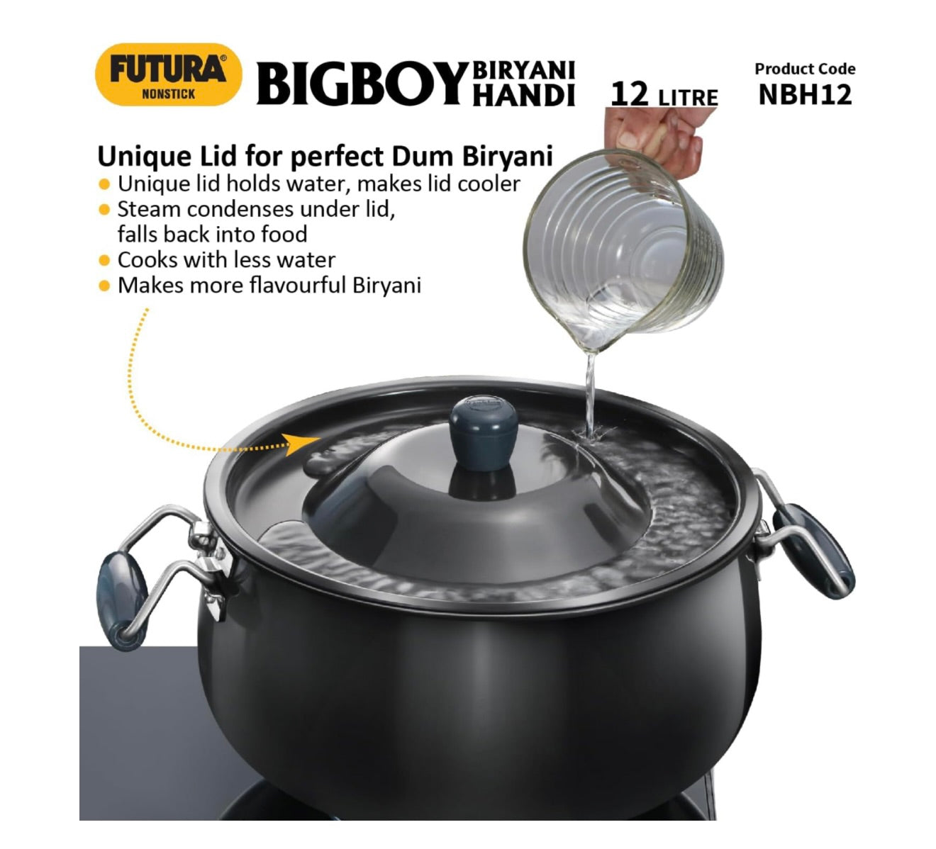 Hawkins Futura 12 Litre BigBoy Biryani Handi, Non Stick Pot with Hard Anodised Lid, Sauce Pan for Cooking and Serving Biriyani, Black (NBH12) Aluminium