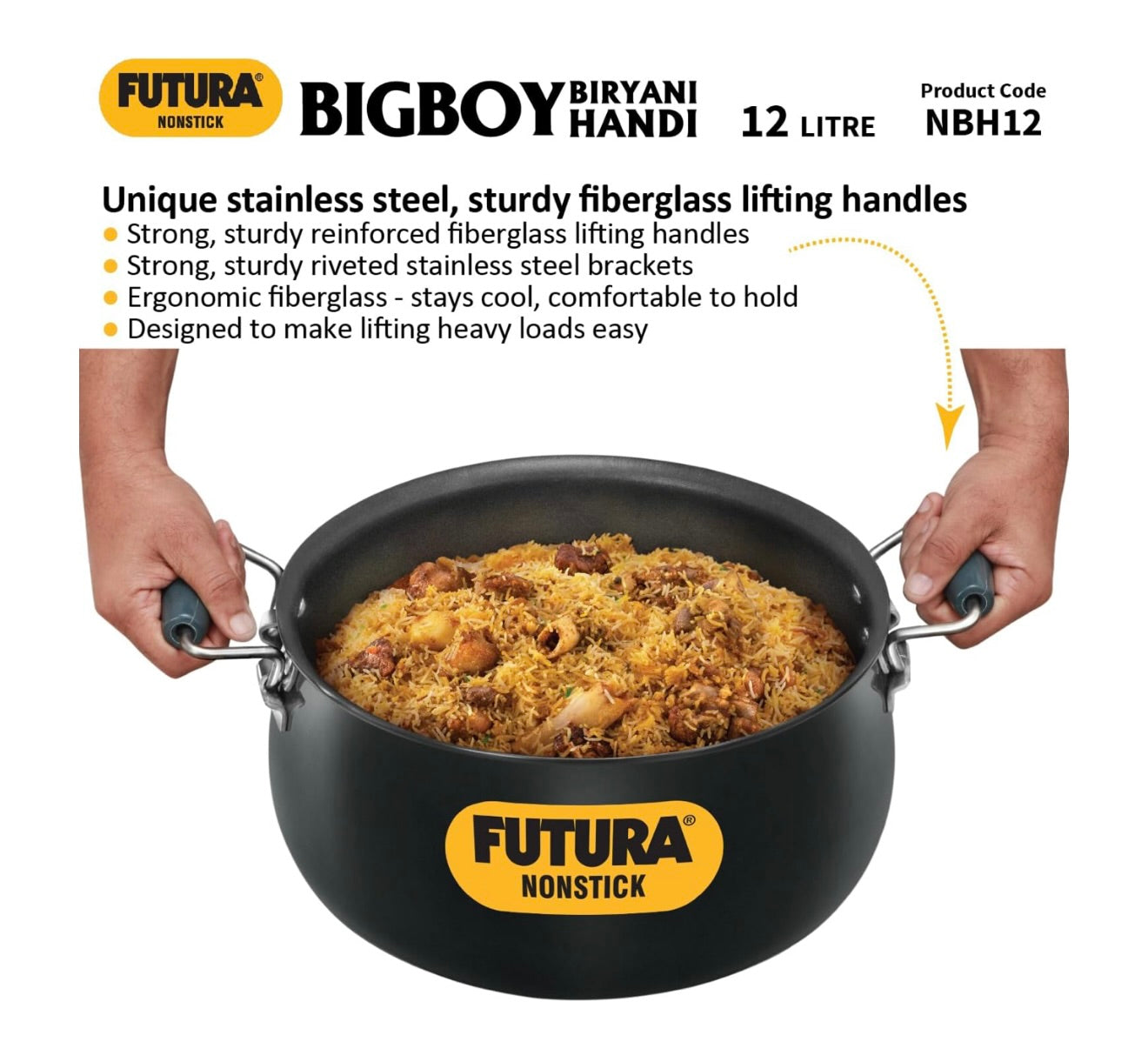 Hawkins Futura 12 Litre BigBoy Biryani Handi, Non Stick Pot with Hard Anodised Lid, Sauce Pan for Cooking and Serving Biriyani, Black (NBH12) Aluminium