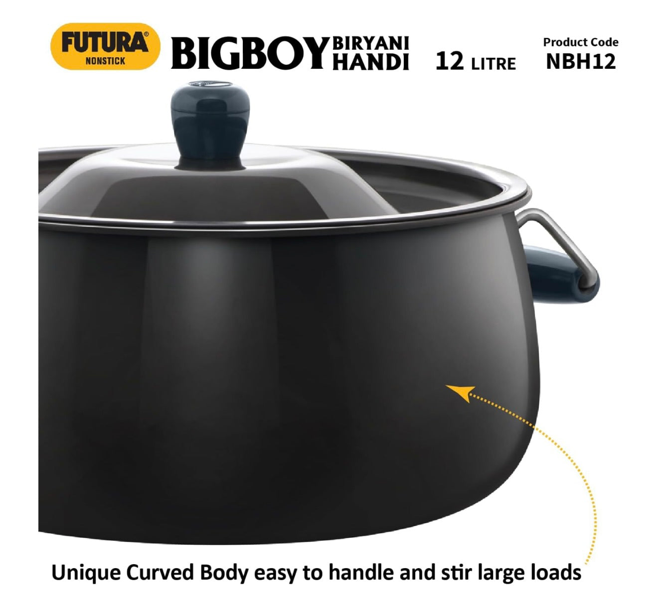 Hawkins Futura 12 Litre BigBoy Biryani Handi, Non Stick Pot with Hard Anodised Lid, Sauce Pan for Cooking and Serving Biriyani, Black (NBH12) Aluminium