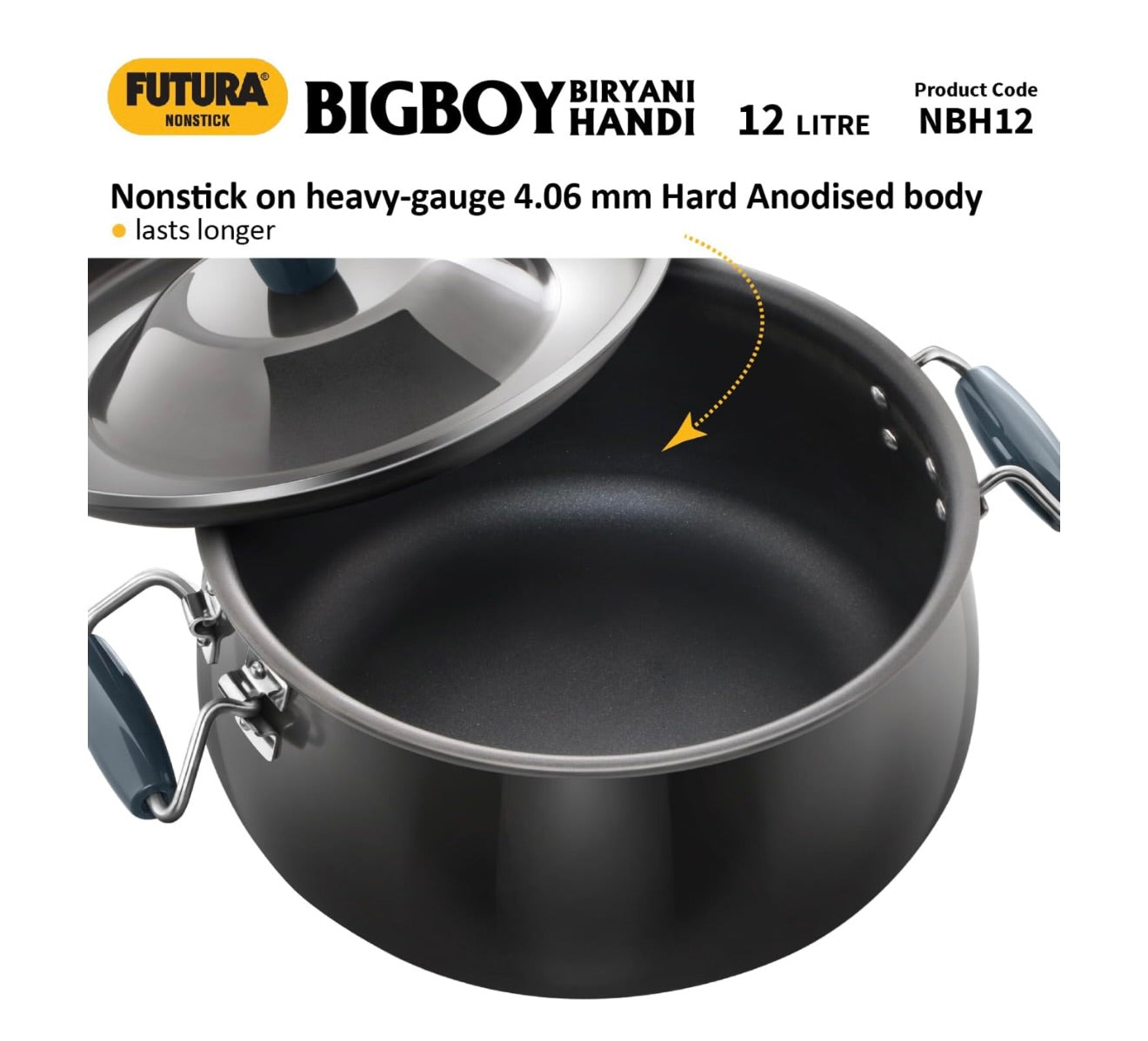 Hawkins Futura 12 Litre BigBoy Biryani Handi, Non Stick Pot with Hard Anodised Lid, Sauce Pan for Cooking and Serving Biriyani, Black (NBH12) Aluminium