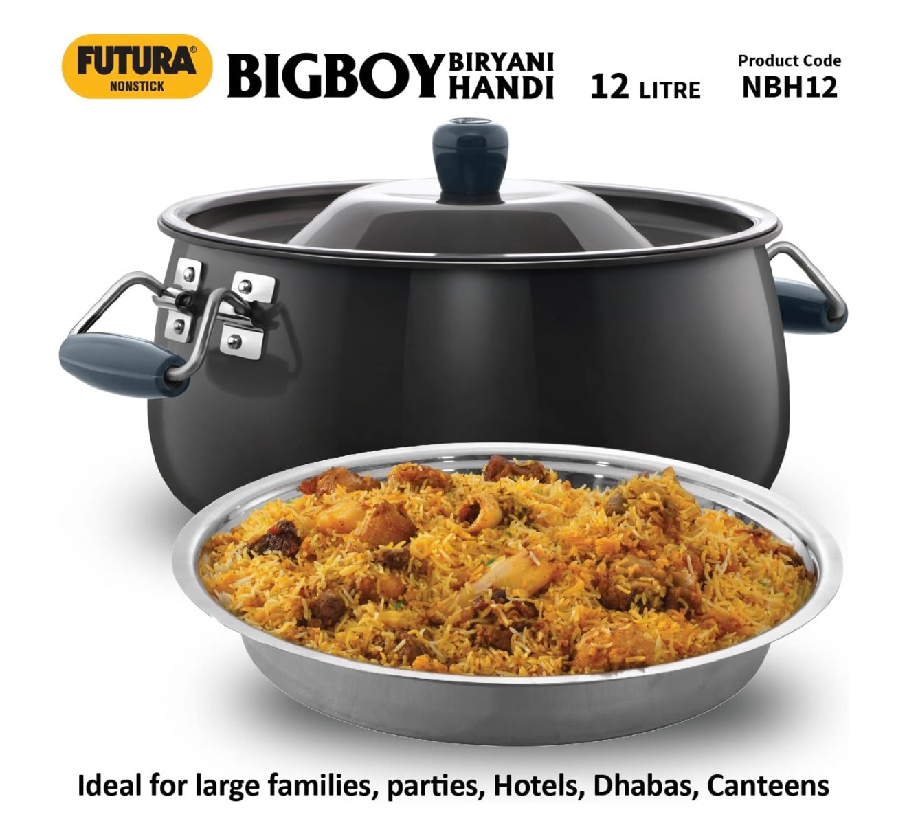 Hawkins Futura 12 Litre BigBoy Biryani Handi, Non Stick Pot with Hard Anodised Lid, Sauce Pan for Cooking and Serving Biriyani, Black (NBH12) Aluminium