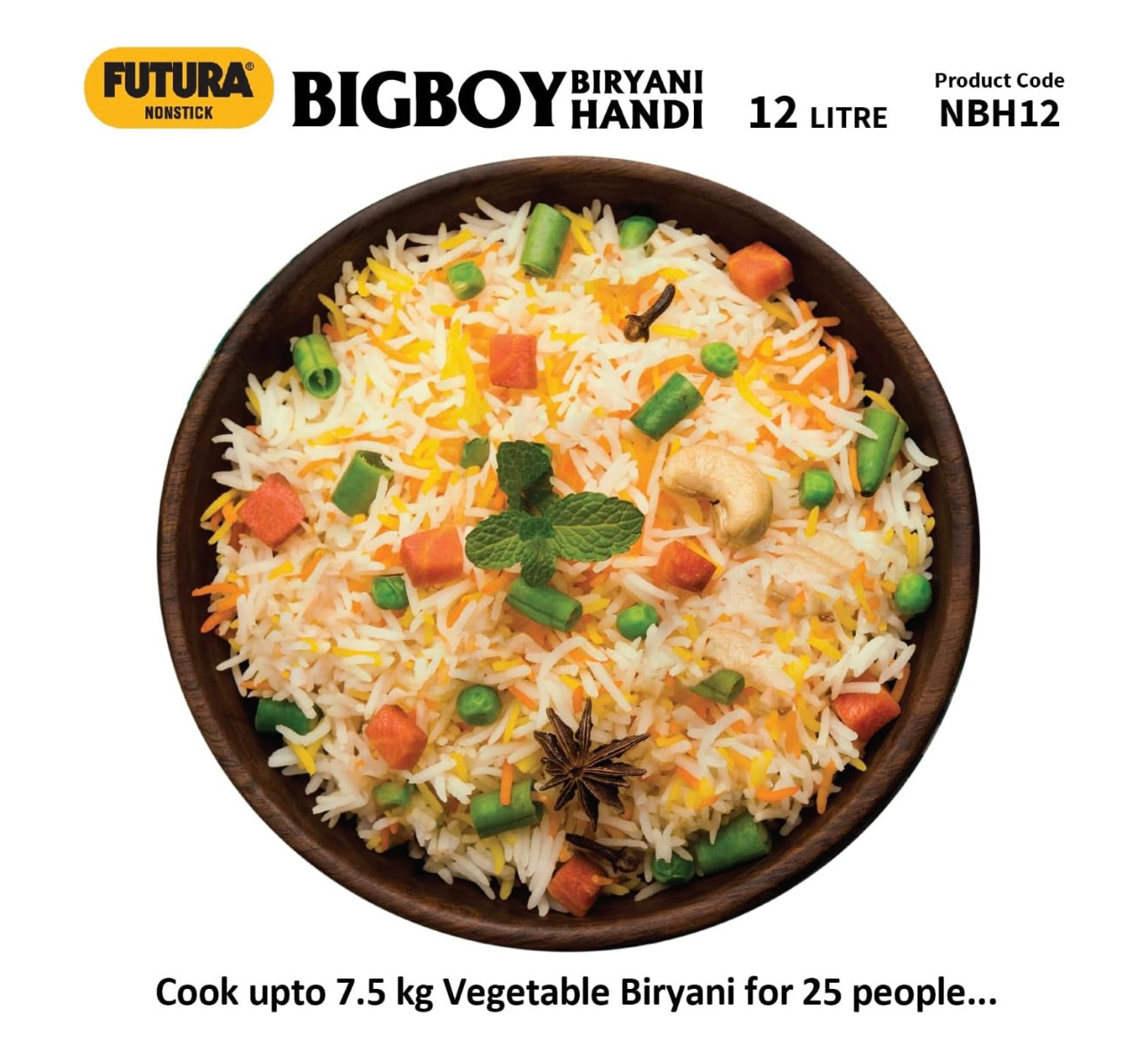 Hawkins Futura 12 Litre BigBoy Biryani Handi, Non Stick Pot with Hard Anodised Lid, Sauce Pan for Cooking and Serving Biriyani, Black (NBH12) Aluminium
