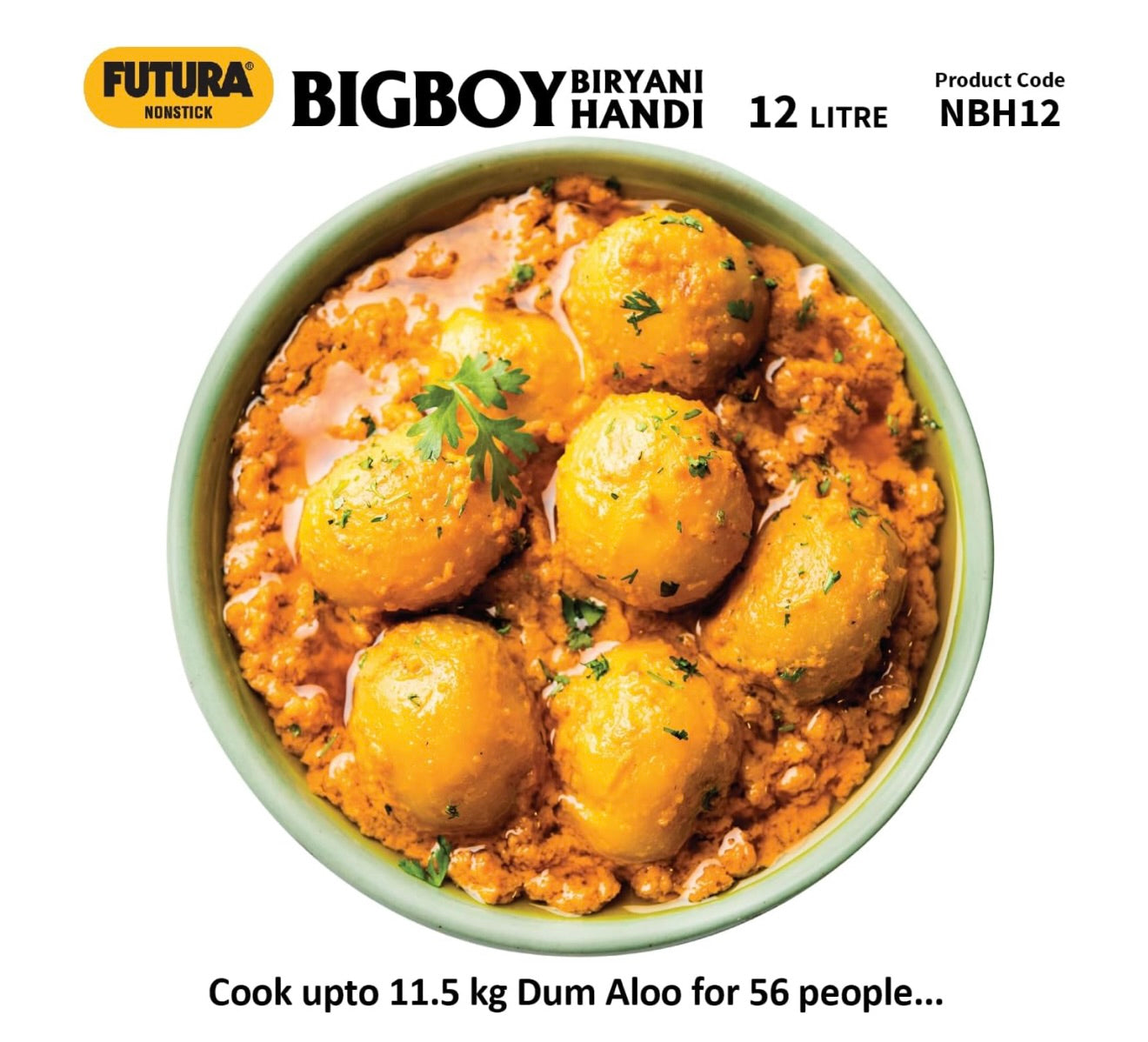 Hawkins Futura 12 Litre BigBoy Biryani Handi, Non Stick Pot with Hard Anodised Lid, Sauce Pan for Cooking and Serving Biriyani, Black (NBH12) Aluminium