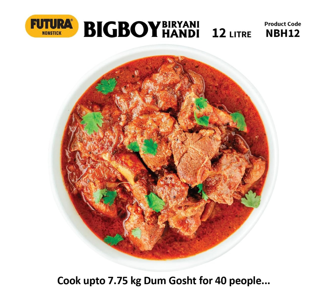Hawkins Futura 12 Litre BigBoy Biryani Handi, Non Stick Pot with Hard Anodised Lid, Sauce Pan for Cooking and Serving Biriyani, Black (NBH12) Aluminium