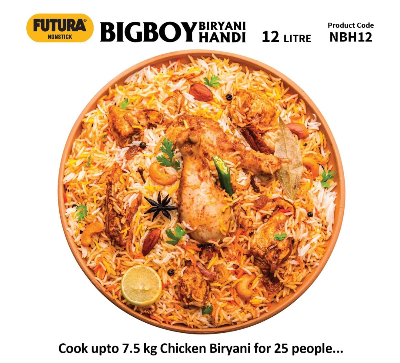 Hawkins Futura 12 Litre BigBoy Biryani Handi, Non Stick Pot with Hard Anodised Lid, Sauce Pan for Cooking and Serving Biriyani, Black (NBH12) Aluminium