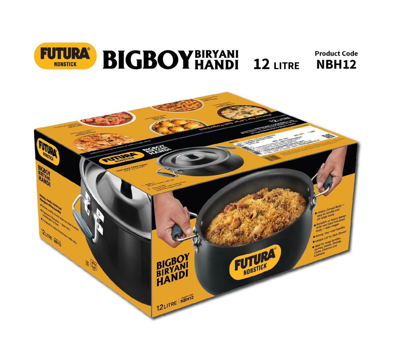 Hawkins Futura 12 Litre BigBoy Biryani Handi, Non Stick Pot with Hard Anodised Lid, Sauce Pan for Cooking and Serving Biriyani, Black (NBH12) Aluminium