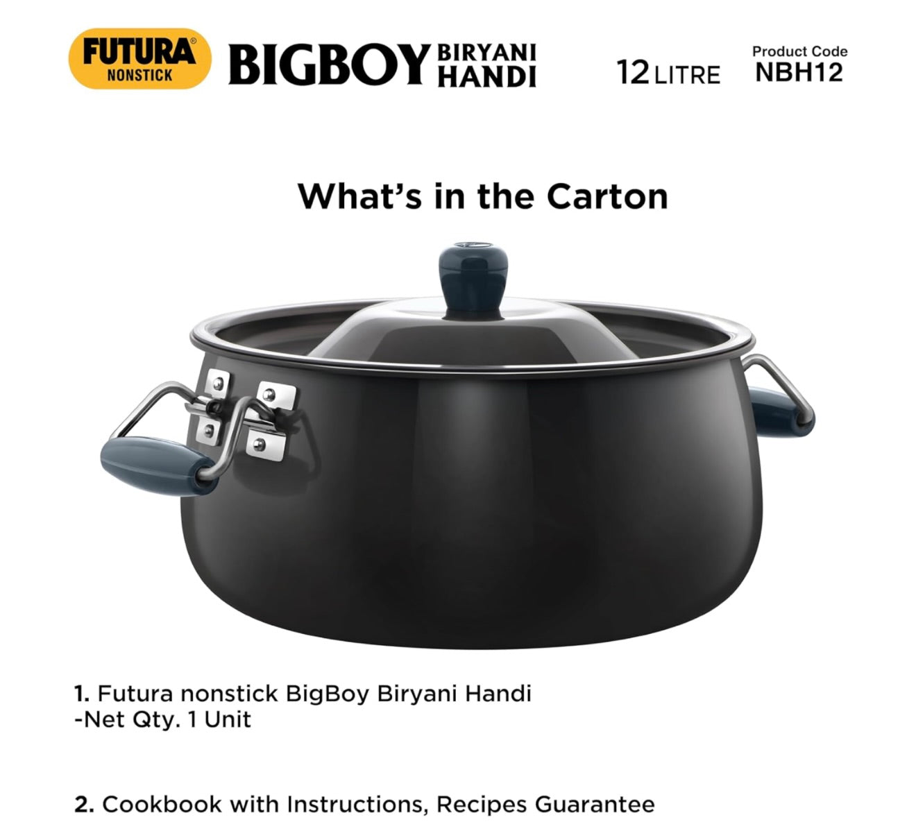 Hawkins Futura 12 Litre BigBoy Biryani Handi, Non Stick Pot with Hard Anodised Lid, Sauce Pan for Cooking and Serving Biriyani, Black (NBH12) Aluminium
