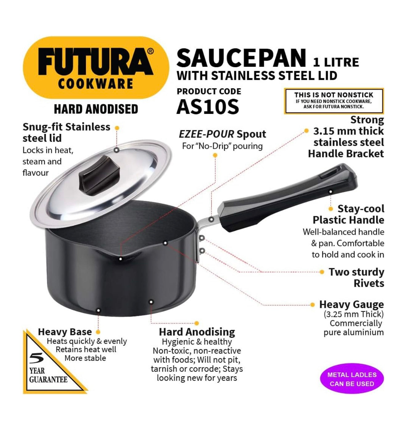 Futura Hard Anodised Ezee-Pour Saucepan 1 Litre with lid
