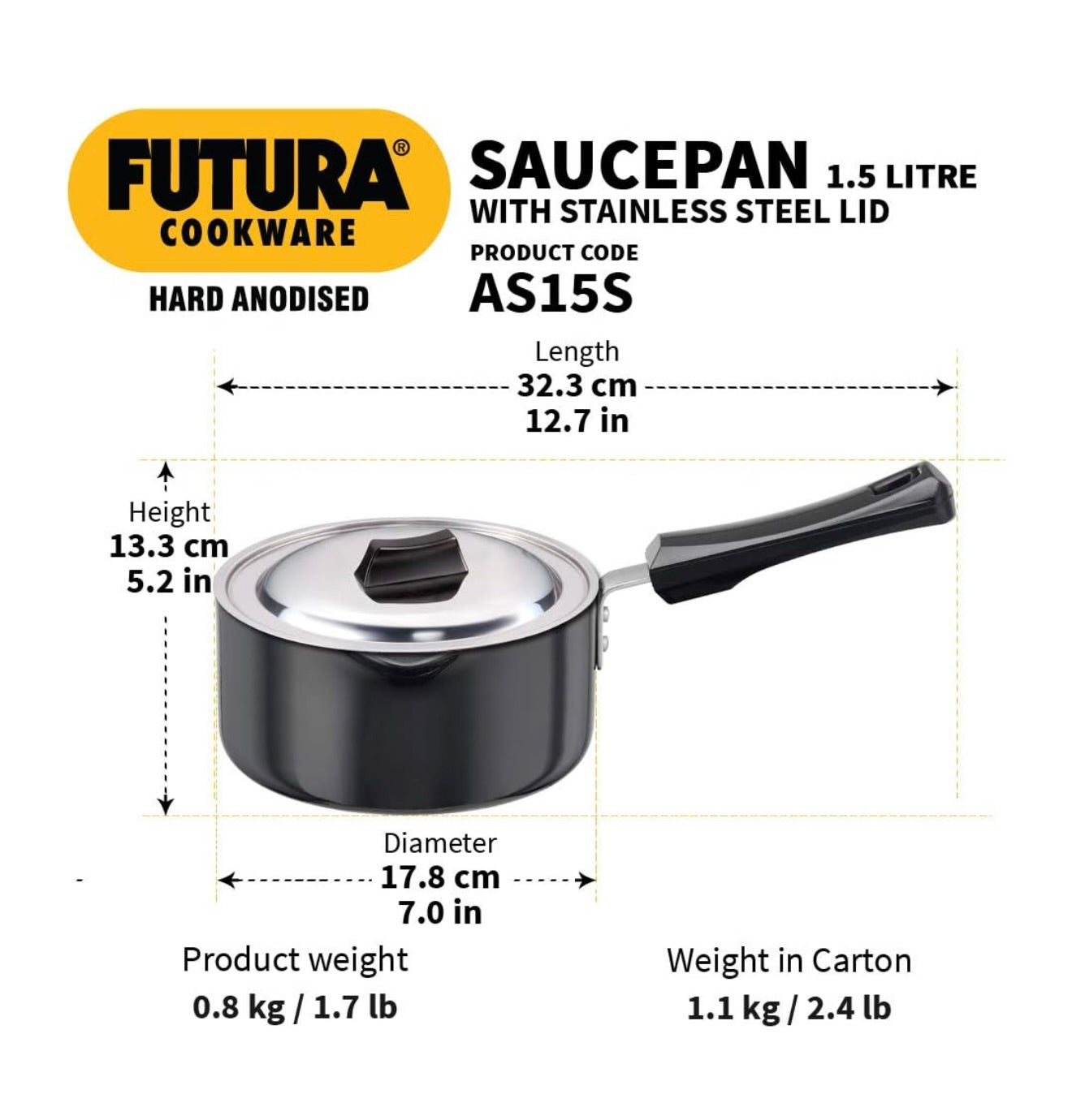 Futura Hard Anodised Saucepan 1.5L, 16 cm, 3.25 mm with SS Lid