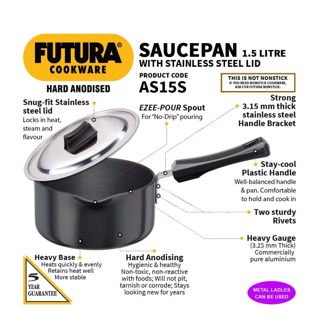 Futura Hard Anodised Saucepan 1.5L, 16 cm, 3.25 mm with SS Lid