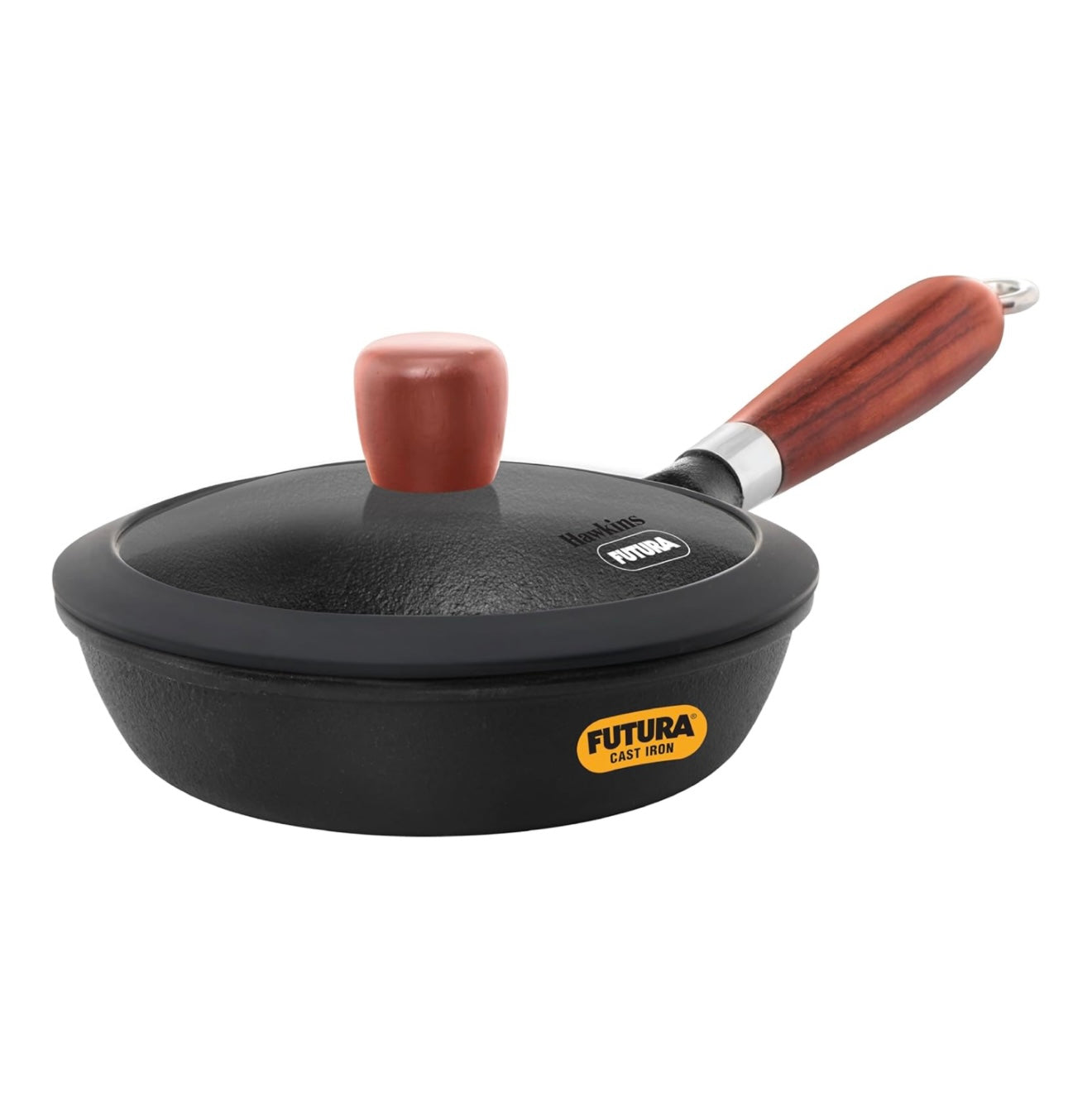 Hawkins Futura 16cm Frying Pan, Cast Iron Frying Pan with Glass Lid and Rosewood Handle, Black (CIF16G)