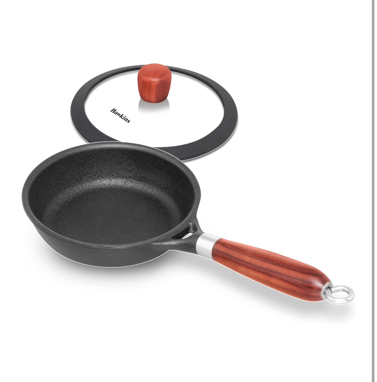 Hawkins Futura 16cm Frying Pan, Cast Iron Frying Pan with Glass Lid and Rosewood Handle, Black (CIF16G)