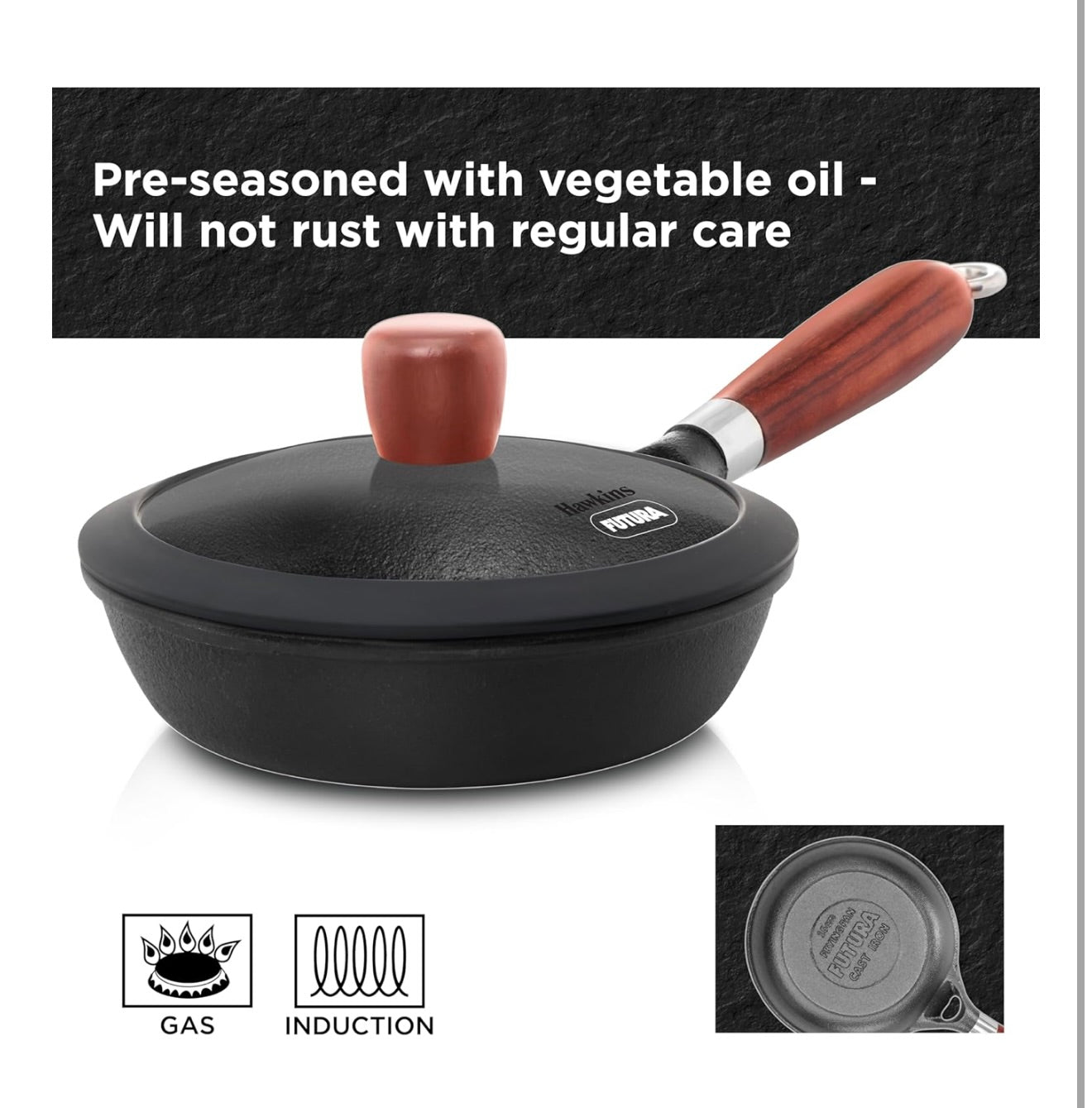 Hawkins Futura 16cm Frying Pan, Cast Iron Frying Pan with Glass Lid and Rosewood Handle, Black (CIF16G)