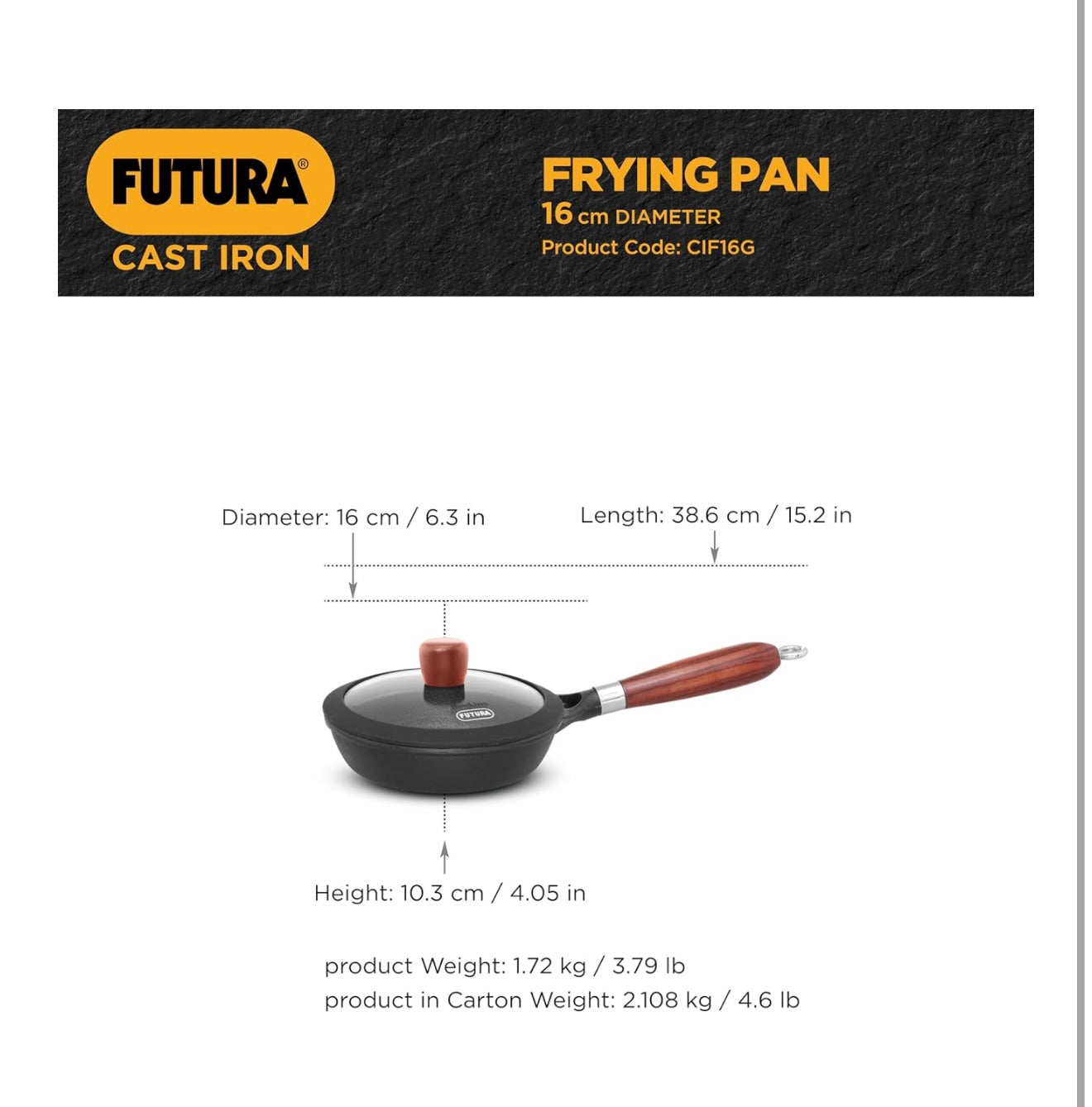 Hawkins Futura 16cm Frying Pan, Cast Iron Frying Pan with Glass Lid and Rosewood Handle, Black (CIF16G)