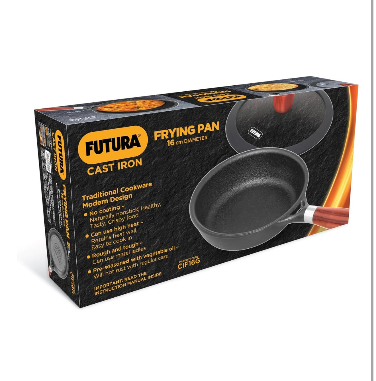 Hawkins Futura 16cm Frying Pan, Cast Iron Frying Pan with Glass Lid and Rosewood Handle, Black (CIF16G)