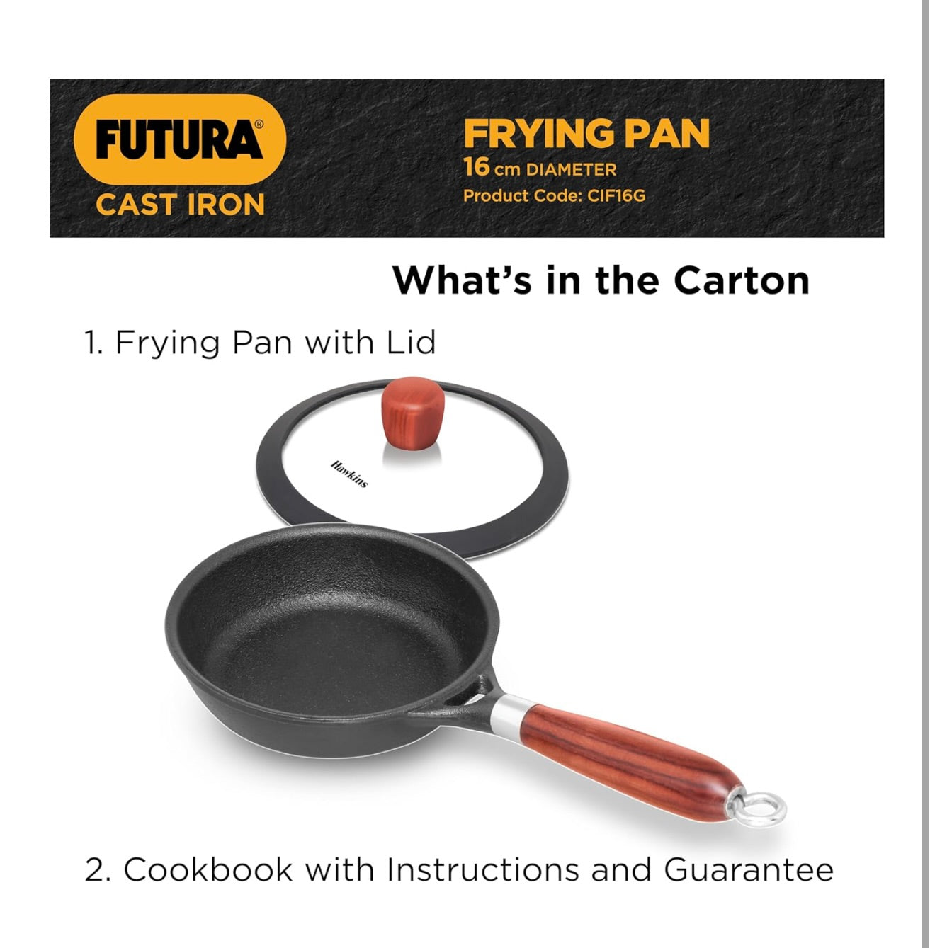 Hawkins Futura 16cm Frying Pan, Cast Iron Frying Pan with Glass Lid and Rosewood Handle, Black (CIF16G)