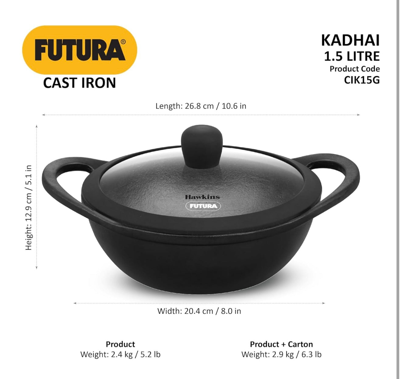 Hawkins Futura 1.5 Litre Cast Iron Kadhai, Naturally Nonstick Cast Iron Kadai with Glass Lid, Cast Iron Cookware for Kitchen, Black (CIK15G)