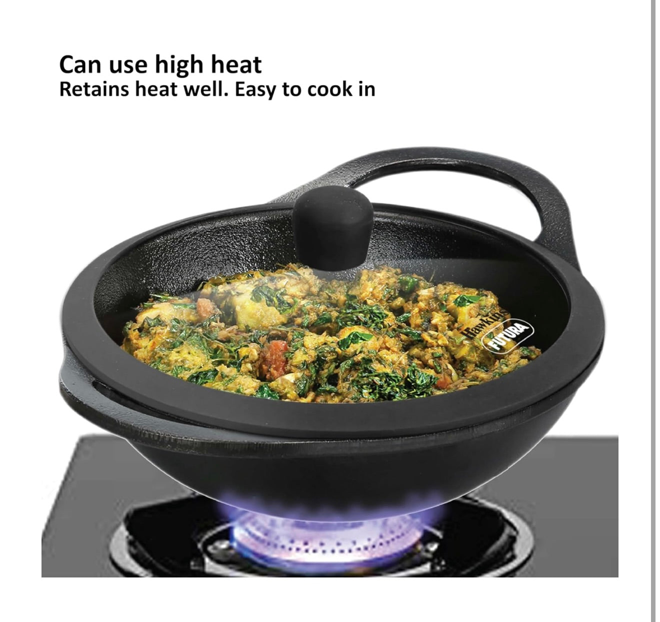 Hawkins Futura 1.5 Litre Cast Iron Kadhai, Naturally Nonstick Cast Iron Kadai with Glass Lid, Cast Iron Cookware for Kitchen, Black (CIK15G)