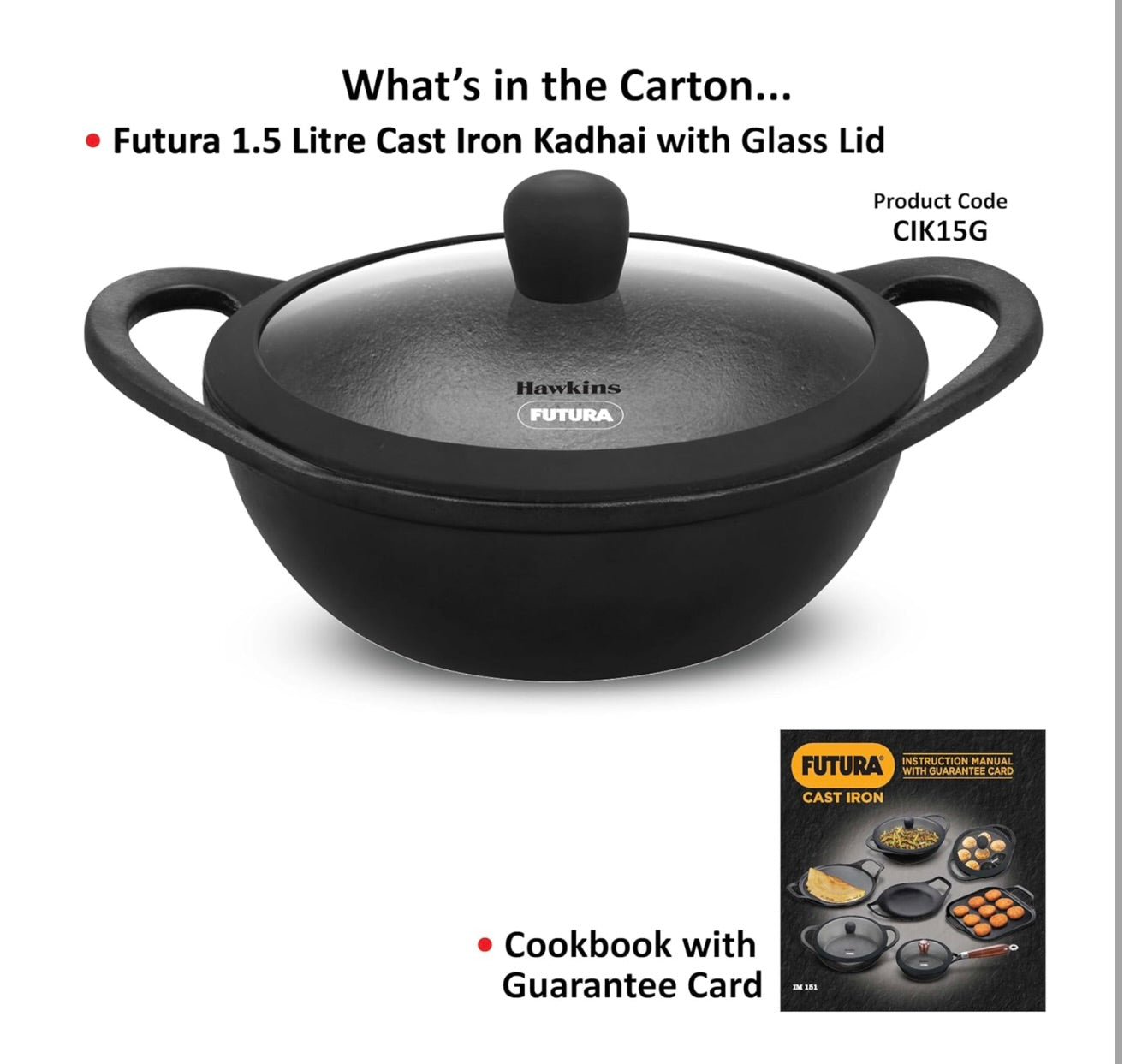 Hawkins Futura 1.5 Litre Cast Iron Kadhai, Naturally Nonstick Cast Iron Kadai with Glass Lid, Cast Iron Cookware for Kitchen, Black (CIK15G)