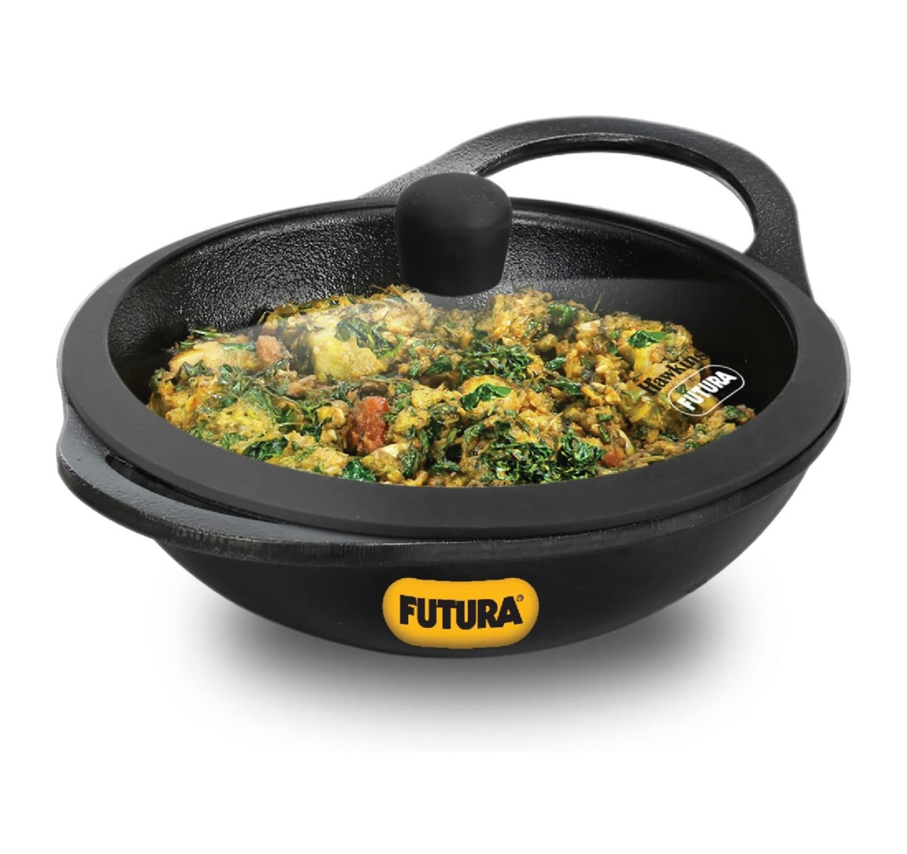 Hawkins Futura 2 Litre Cast Iron Kadhai, Naturally Nonstick Cast Iron Kadai with Glass Lid, Cast Iron Cookware for Kitchen, Black (CIK20G)