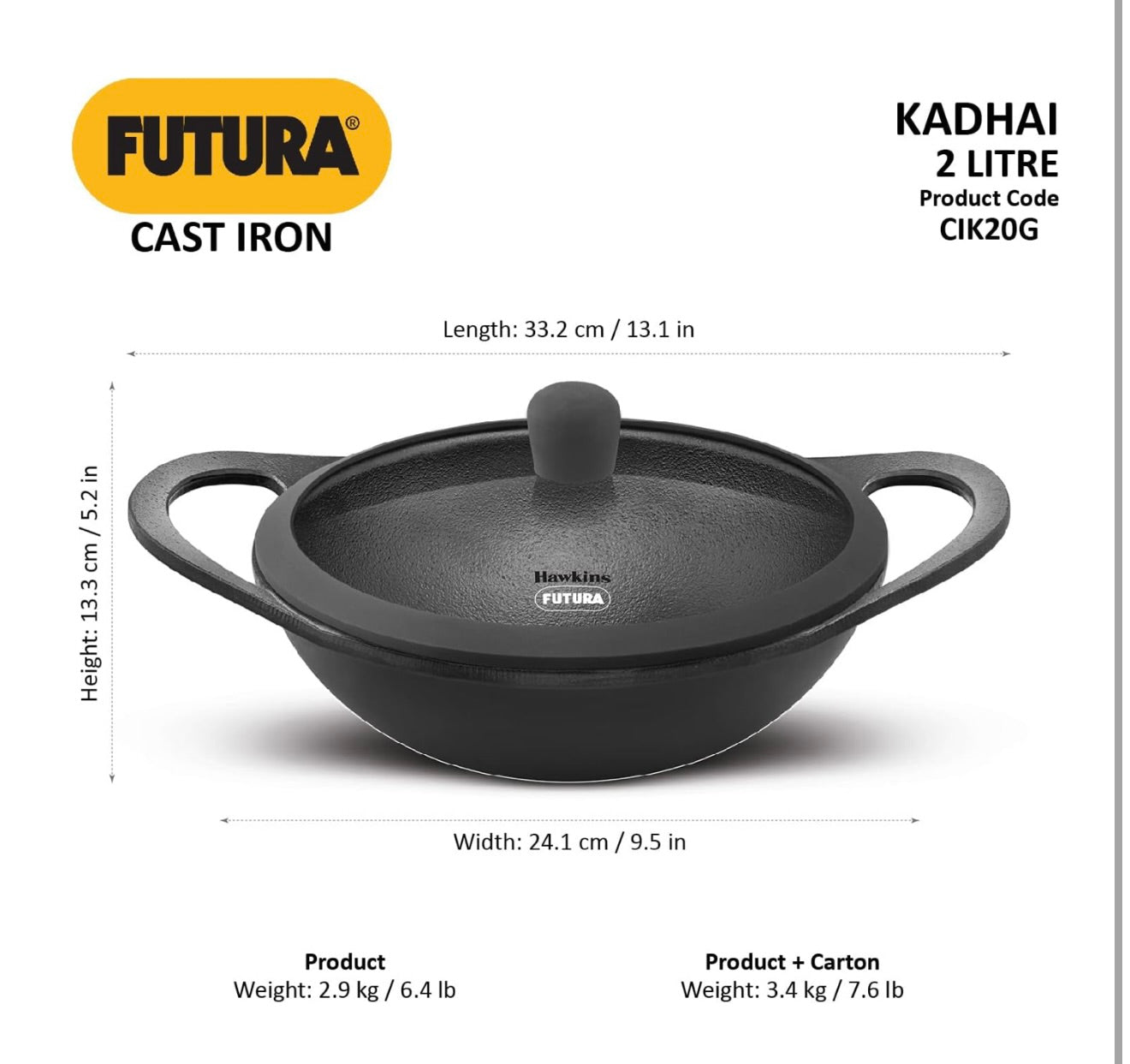 Hawkins Futura 2 Litre Cast Iron Kadhai, Naturally Nonstick Cast Iron Kadai with Glass Lid, Cast Iron Cookware for Kitchen, Black (CIK20G)