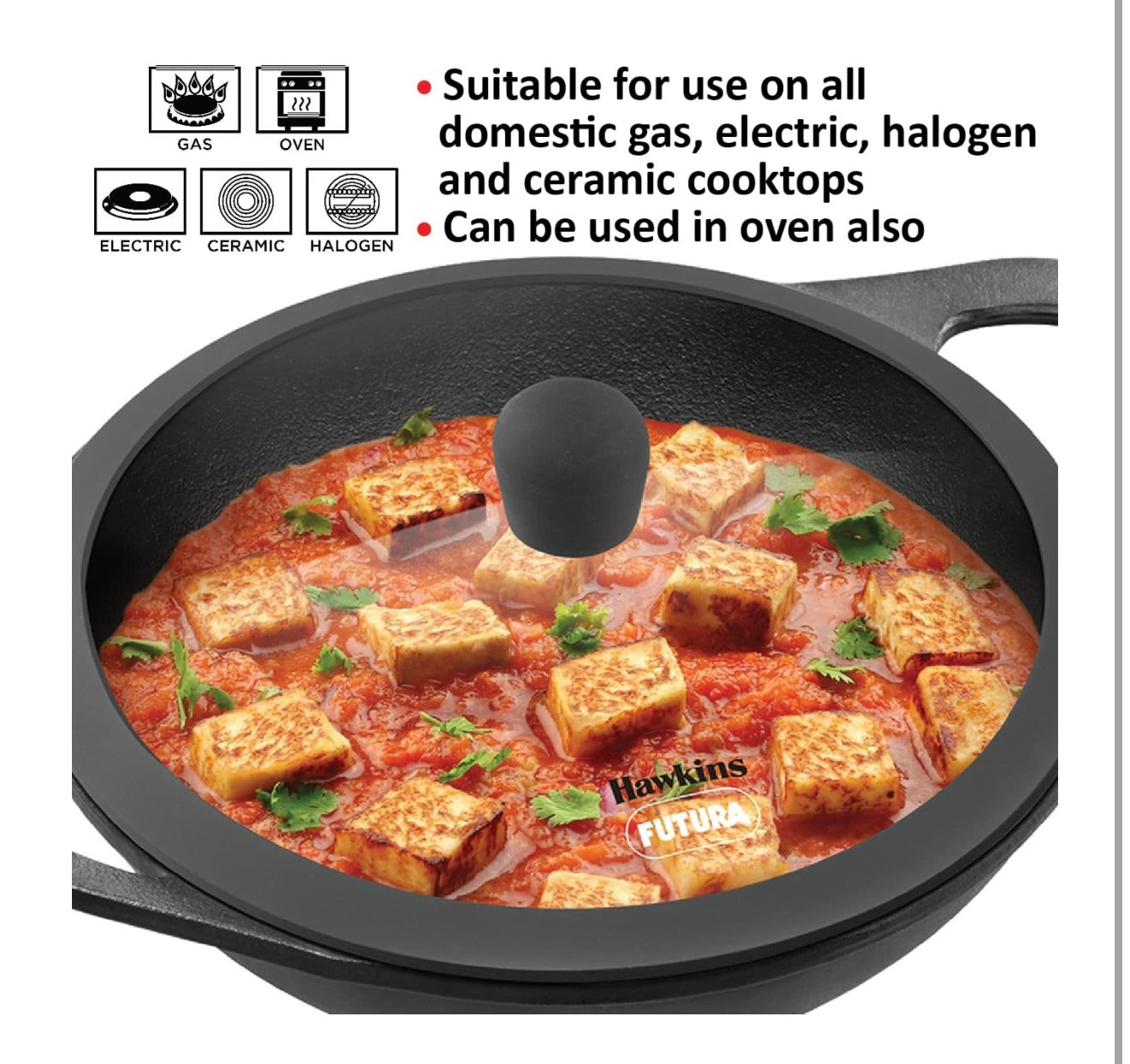 Hawkins Futura 2 Litre Cast Iron Kadhai, Naturally Nonstick Cast Iron Kadai with Glass Lid, Cast Iron Cookware for Kitchen, Black (CIK20G)